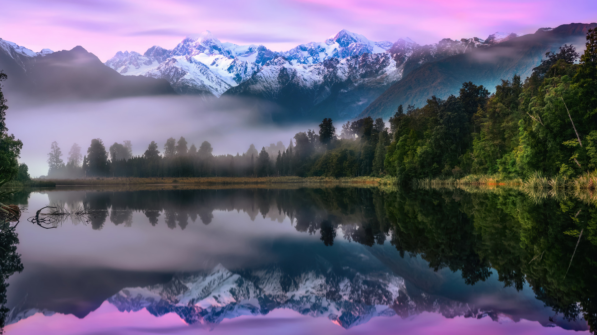 General 1920x1080 nature landscape trees forest lake clouds mountains snowy mountain reflection mist
