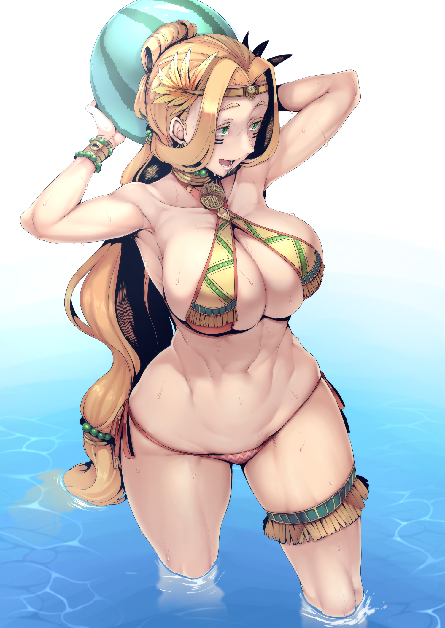Anime 1500x2118 big boobs thick ass wet body alternate costume Aztec wide hips wide breasts cleavage thighs the gap thick thigh ecchi summer mature women muscles 6-pack biceps abs belly button 2D bare shoulders messy hair long hair anime portrait display high angle arms behind head open mouth curvy green eyes fan art ponytail anime girls armpits blonde