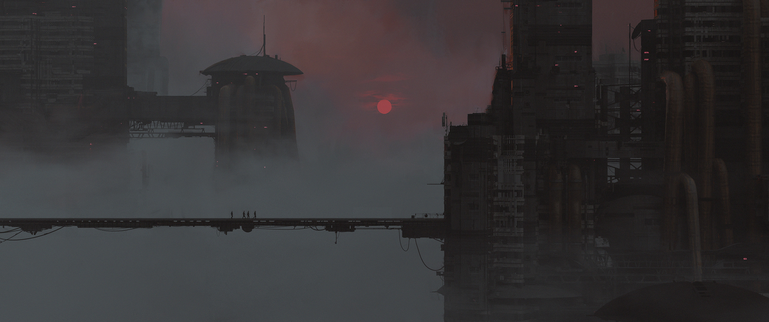 General 2560x1072 digital art artwork sunset bridge futuristic dystopian