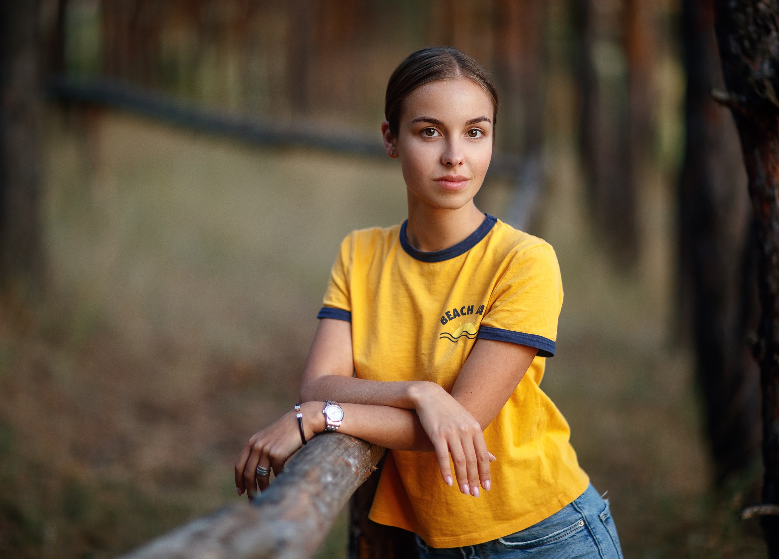 People 2560x1839 women yellow t-shirt jeans portrait forest watch brunette women outdoors trees T-shirt