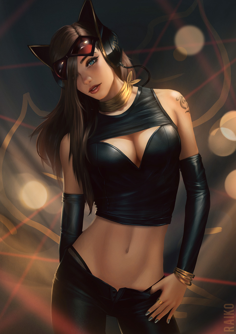 General 954x1350 Sean Tay drawing women cat ears collar glasses sunglasses blue eyes brunette long hair straight hair leather belly detached sleeves holding clothes pants sparks lens flare headphones arm warmers Batman Catwoman Selina Kyle cleavage parted lips