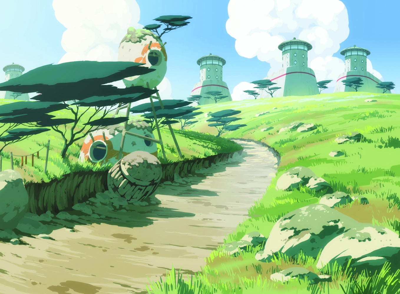 Anime 1358x1000 Oban Star Racers nature clouds tower path