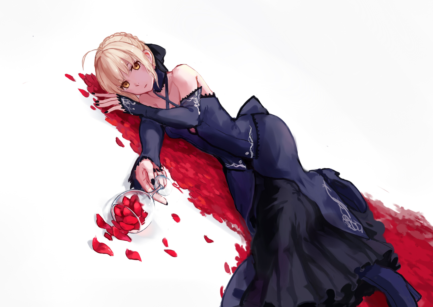 Anime 1748x1240 Fate series Fate/Stay Night fate/stay night: heaven's feel anime girls black dress blonde Saber Alter small boobs yellow eyes braids simple background lying on side Fate/Grand Order looking at viewer 2D fan art rose petals black nails detached sleeves Artoria Pendragon