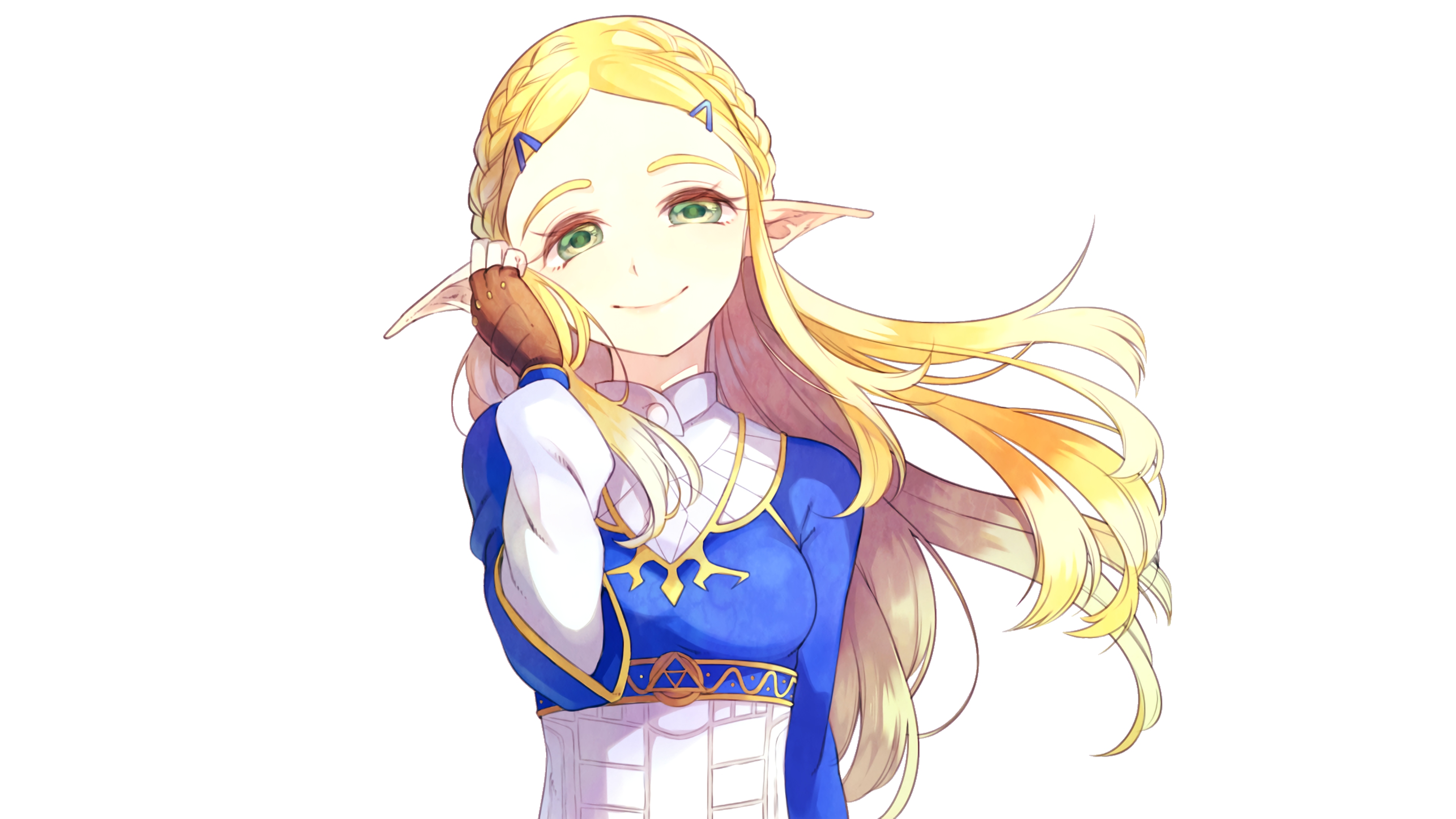 Anime 3840x2160 The Legend of Zelda: Breath of the Wild The Legend of Zelda Zelda closed mouth long hair simple background gloves minimalism green eyes white background blonde fingerless gloves braids smiling looking at viewer video game characters video game girls