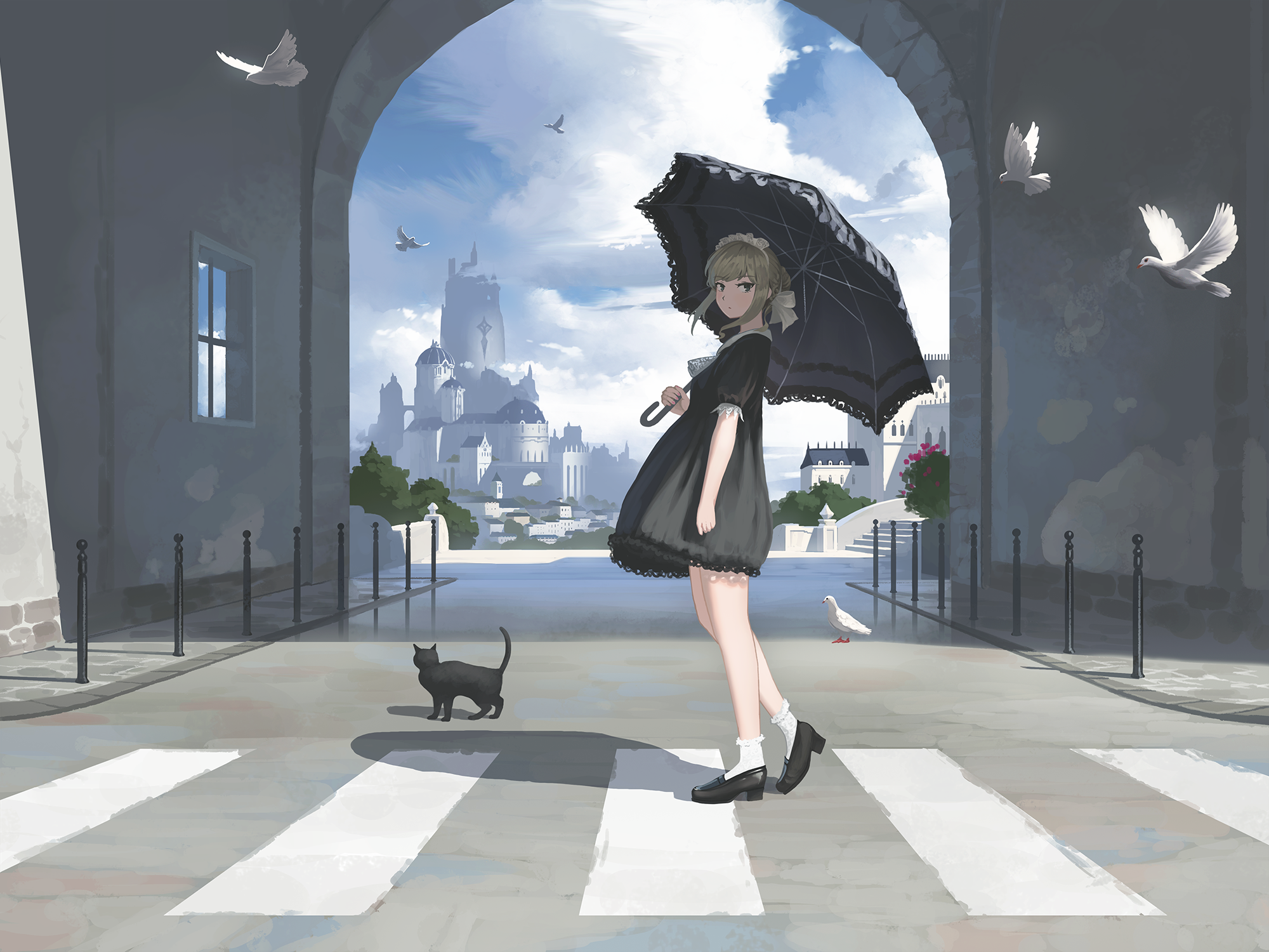 Anime 2000x1500 anime anime girls original characters cats umbrella birds