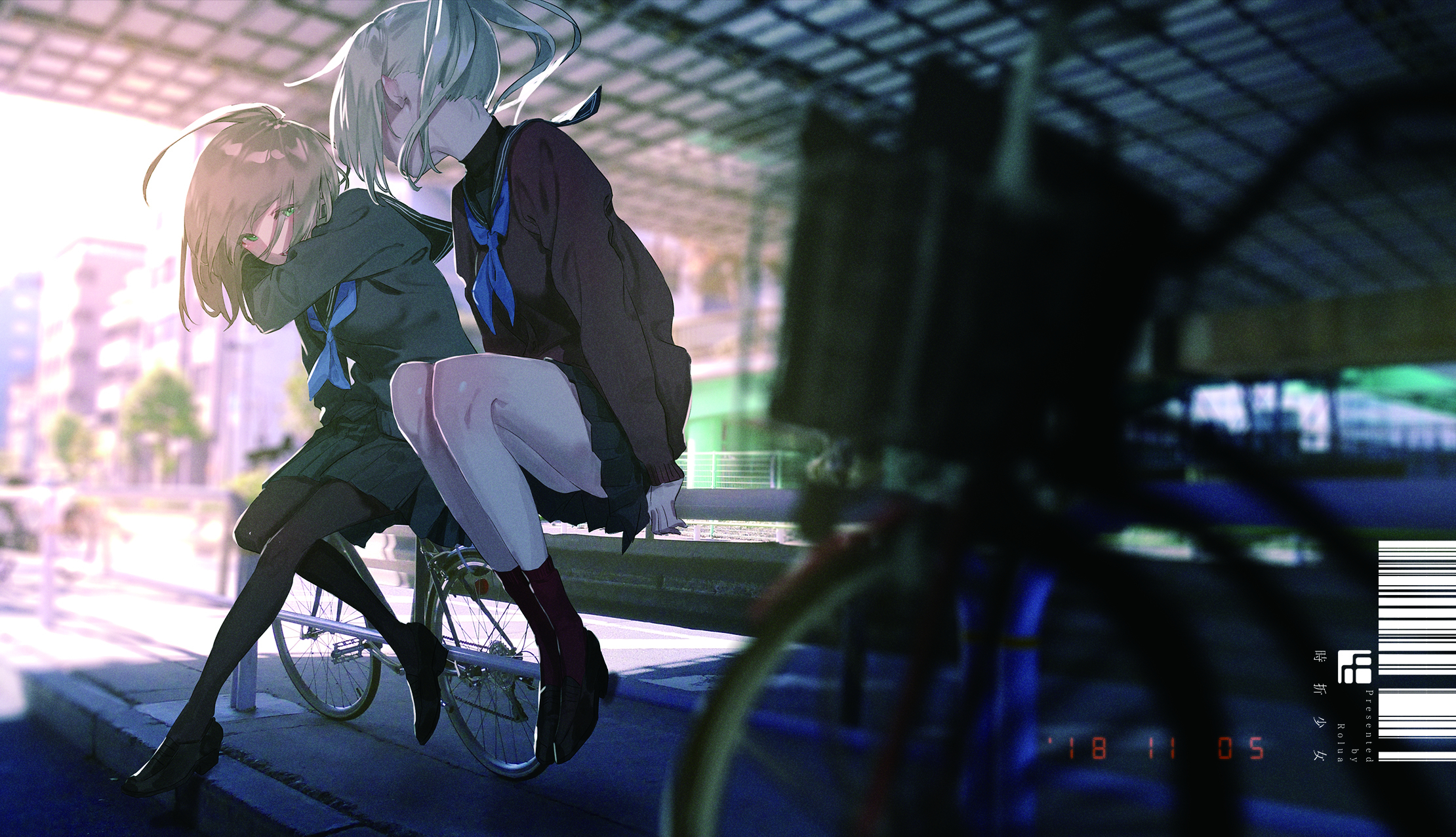 Anime 2220x1276 bicycle fence anime anime girls schoolgirl urban legs legs together numbers Rolua Noa
