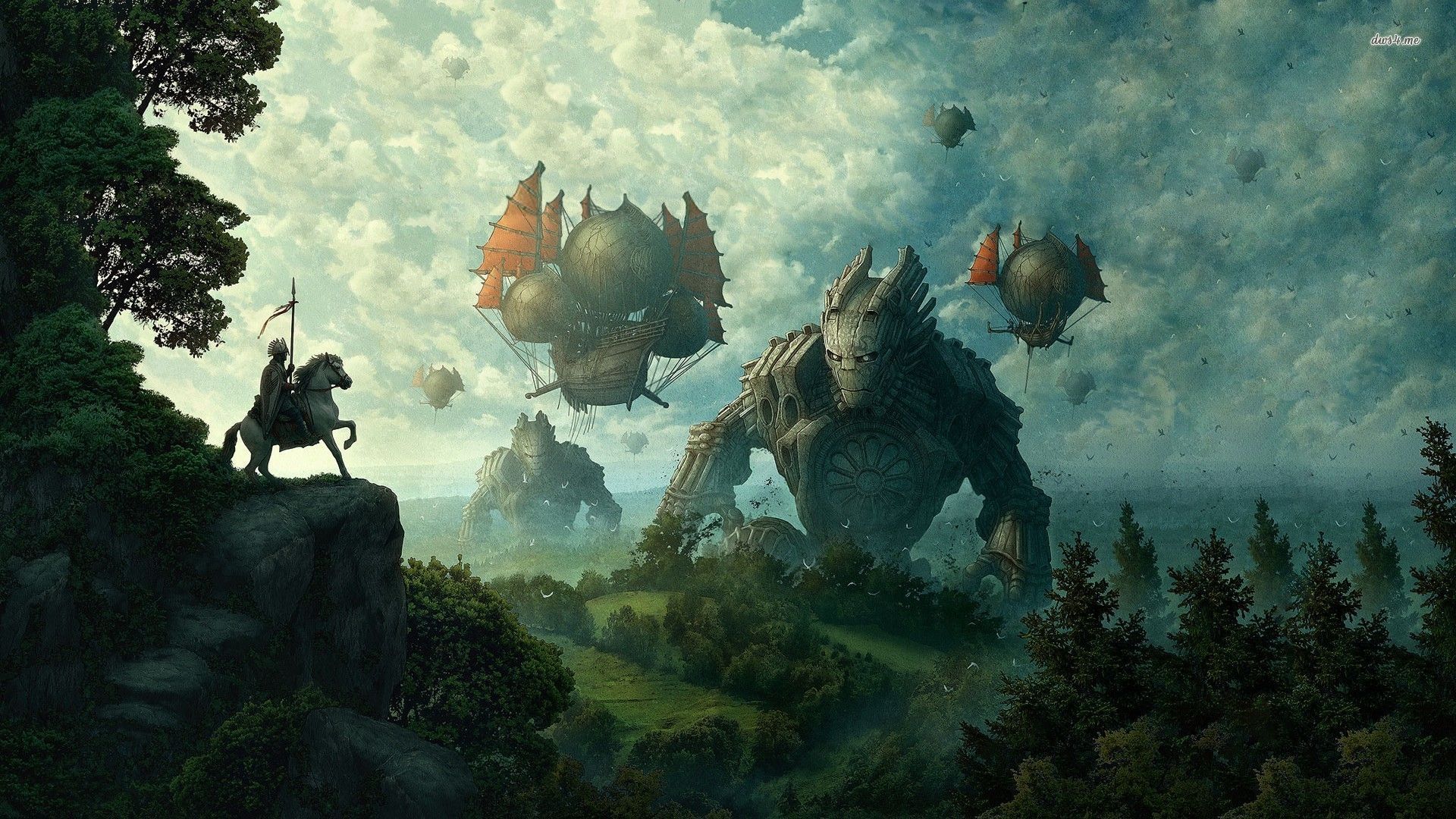 General 1920x1080 robot horse pine trees clouds fantasy art medieval birds