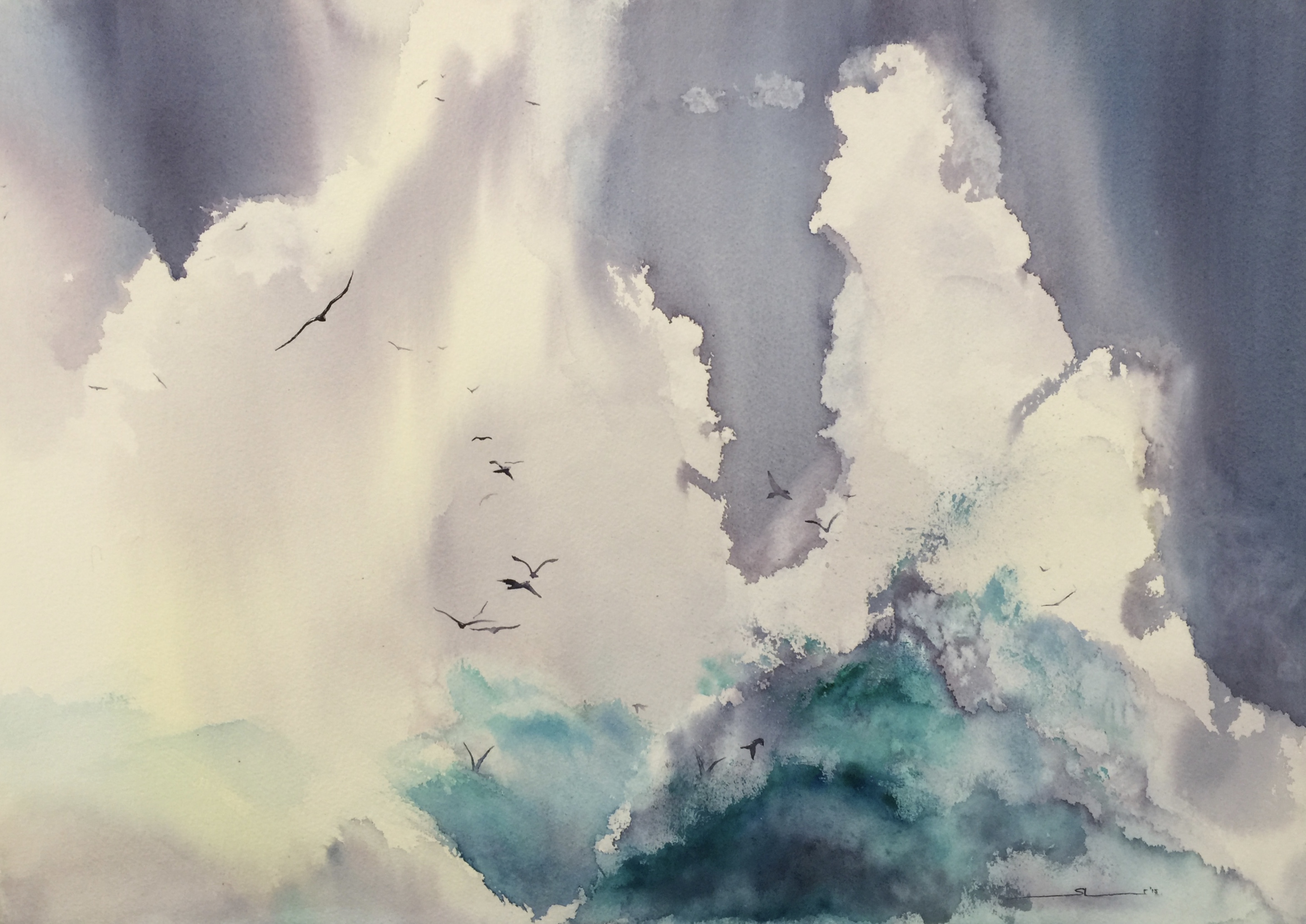 General 3136x2219 artwork watercolor traditional art nature birds clouds flying water splashes white turquoise teal
