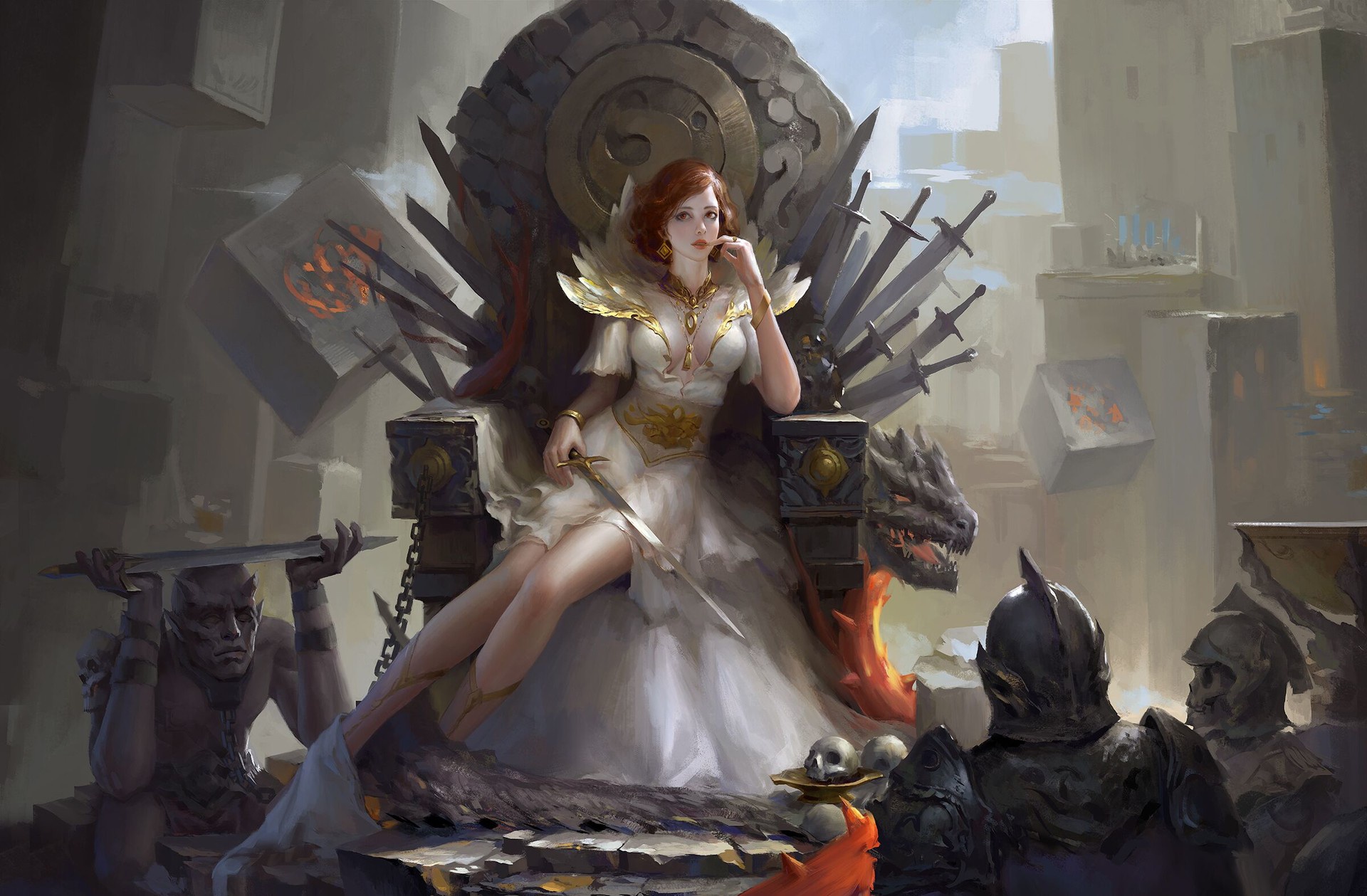 General 1920x1259 throne sword women redhead legs chains skeleton skull warrior artwork fantasy art fantasy girl digital art