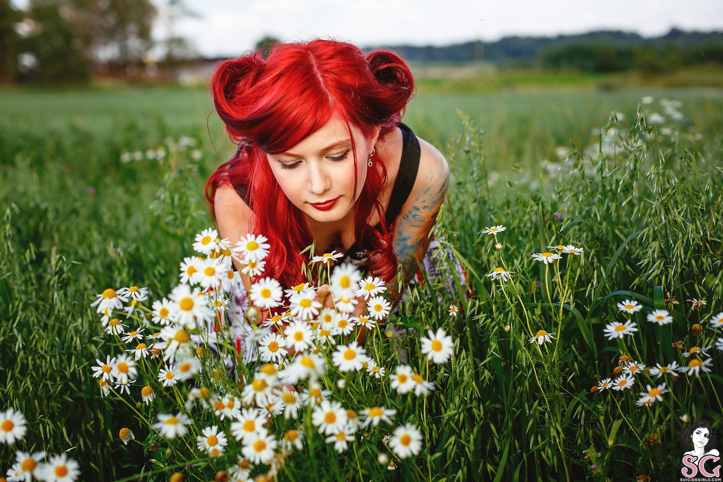 People 2400x1600 women Suicide Girls redhead tattoo field grass flowers black lingerie Ultramarie