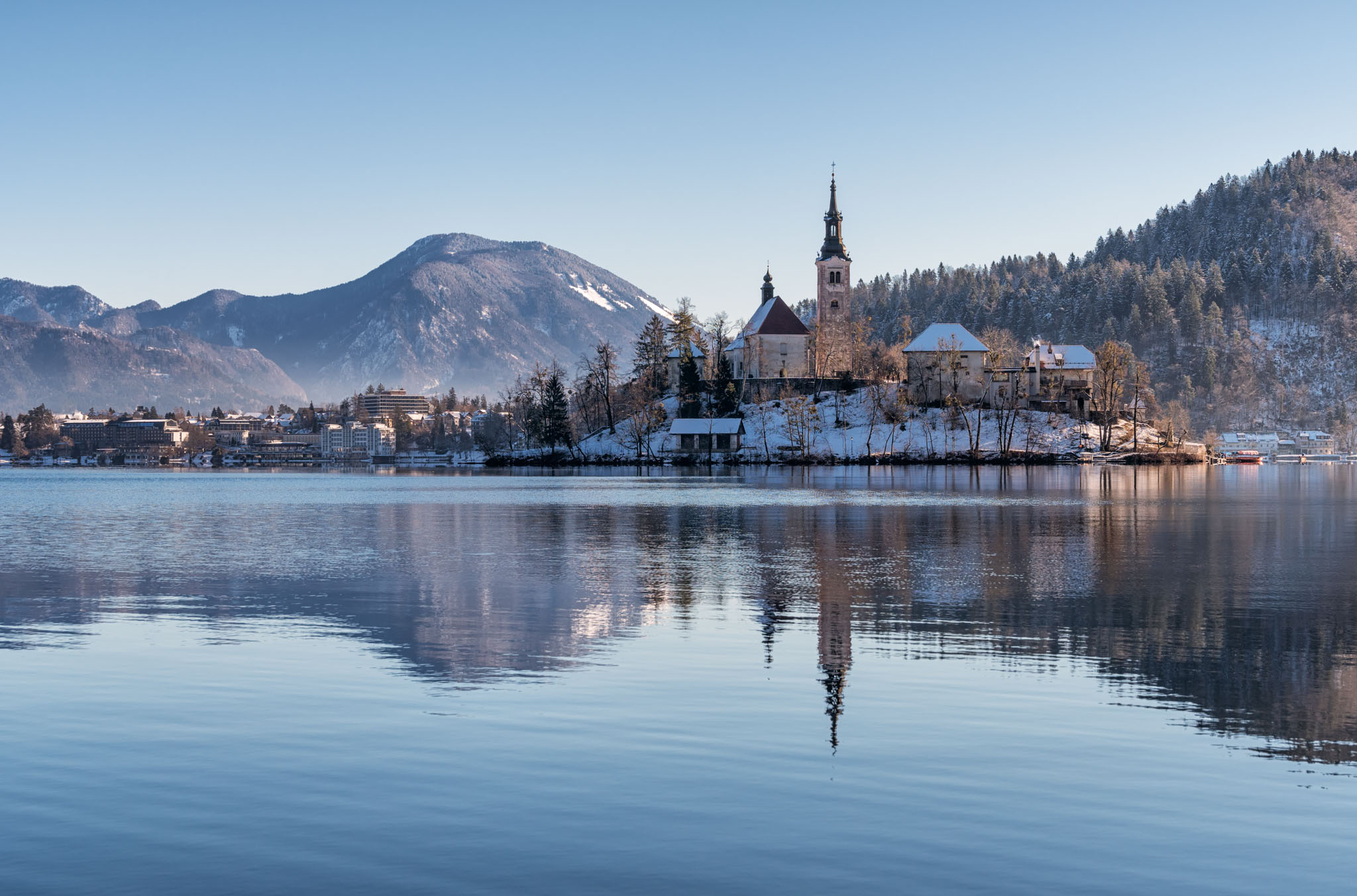 General 2048x1352 architecture house church building Lake Bled Slovenia island mountains winter snow trees lake forest hills reflection water nature landscape