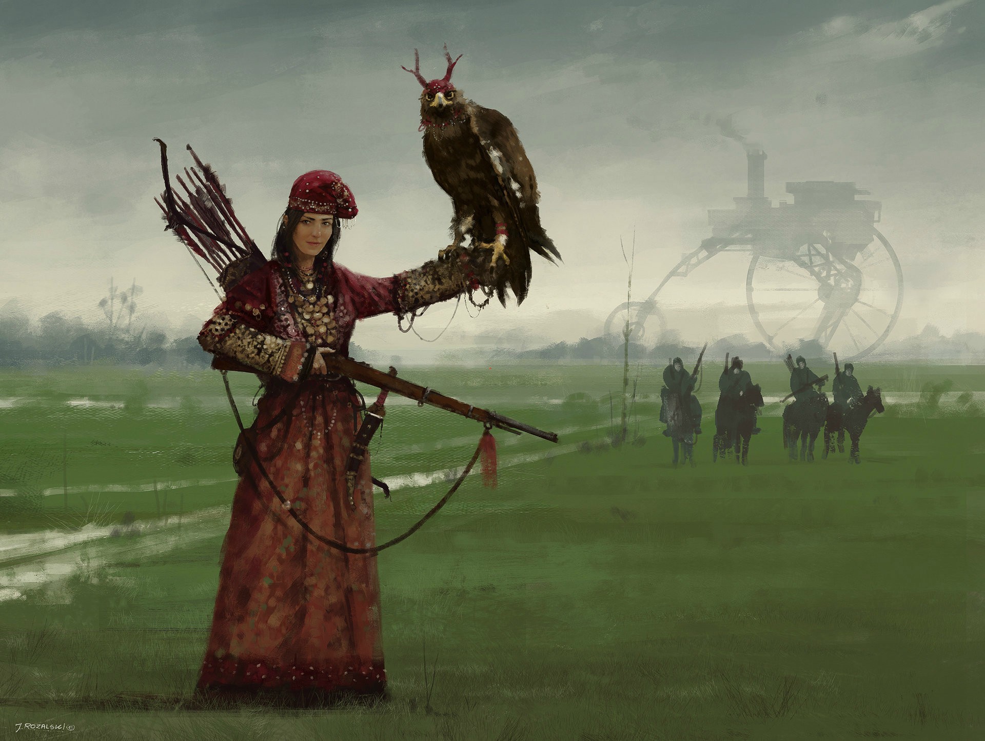 General 1920x1445 digital art women warrior weapon arrows birds army horse landscape painting Jakub Różalski Iron Harvest steampunk