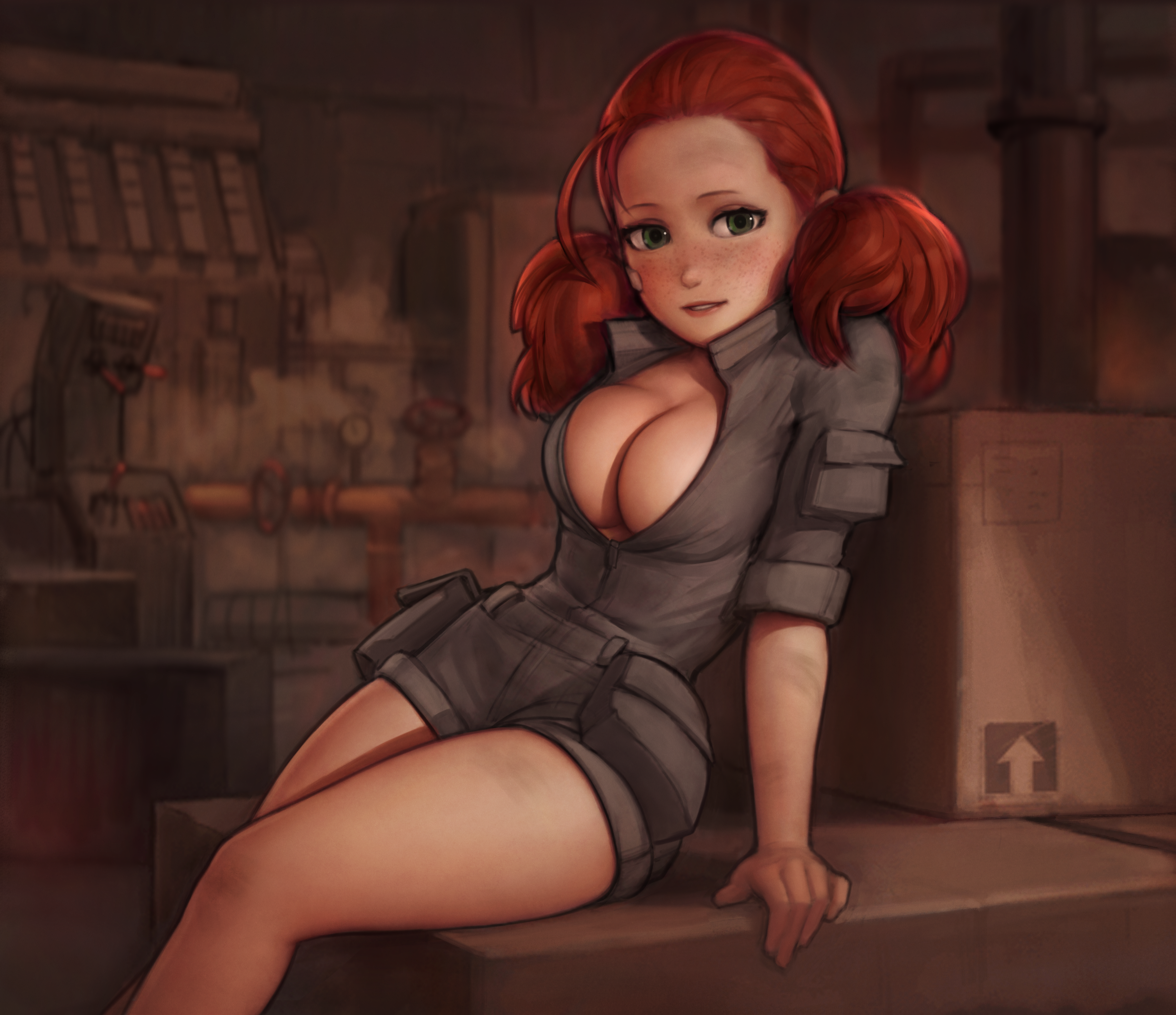 General 4000x3451 Jeff Macanoli redhead cleavage green eyes sitting low neckline unbuttoned thighs overalls freckles big boobs looking at viewer factories twintails shoulder length hair no bra digital art