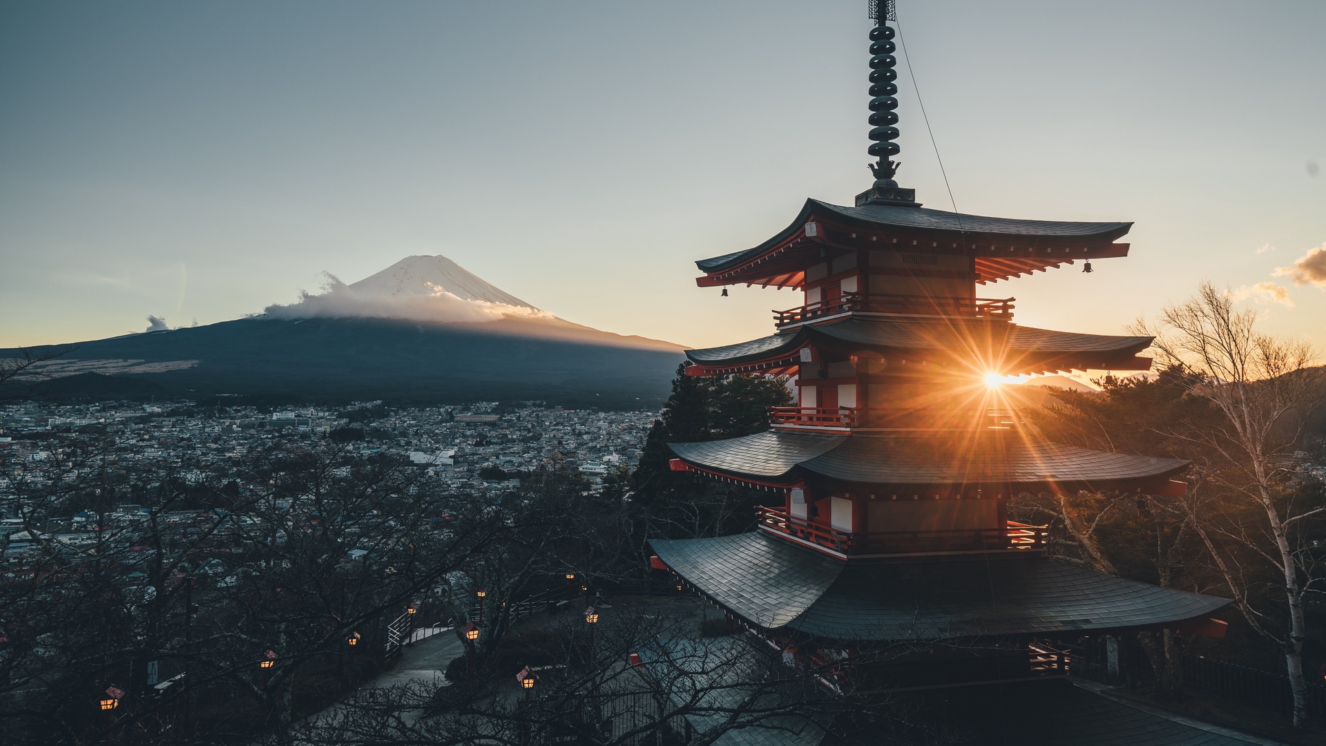 General 1920x1080 landscape mountains sunlight architecture pagoda cityscape optical flares volcano colorful Japan Mount Fuji Arakura Sengen