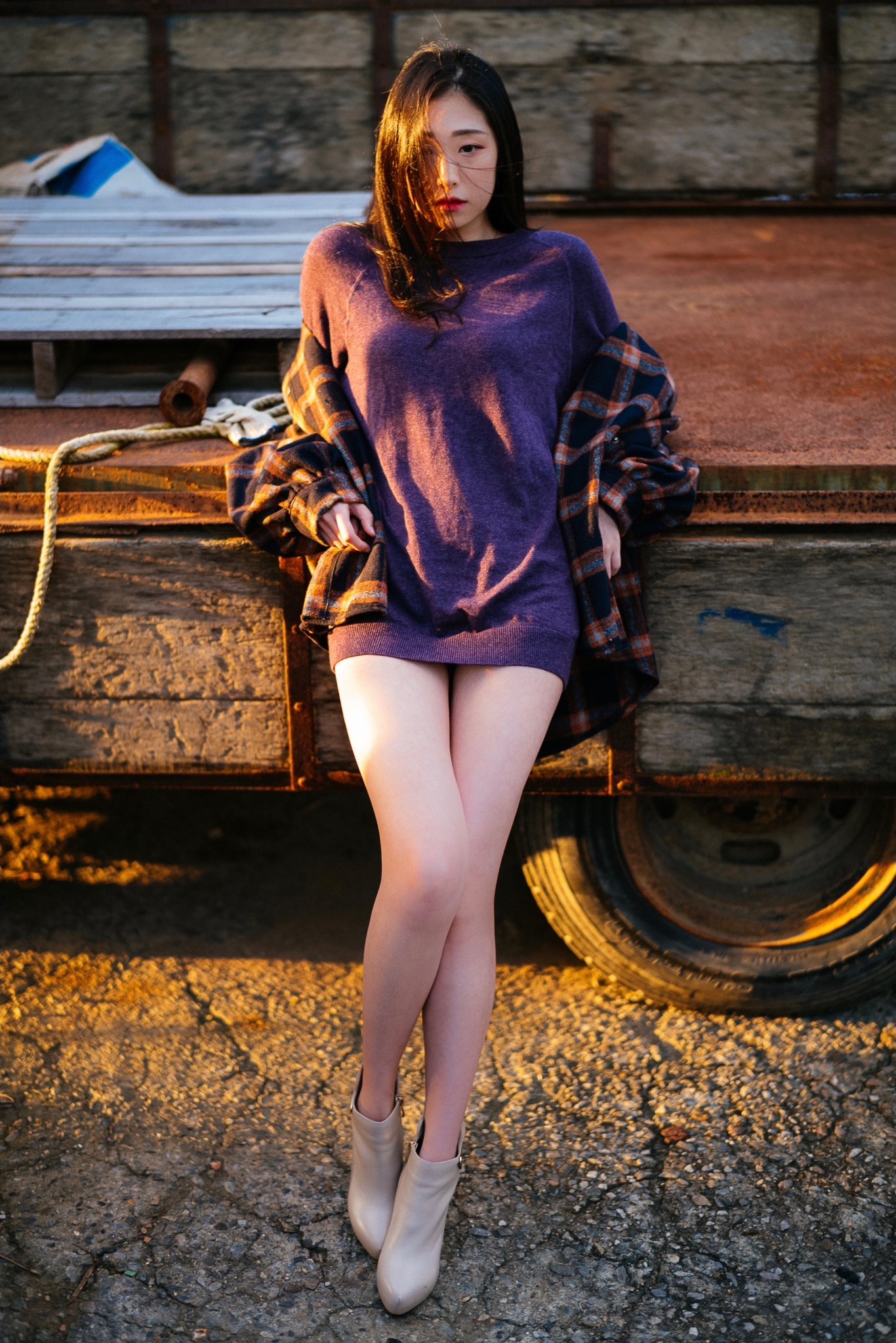 People 1366x2048 women model Asian outdoors legs truck sweater purple clothing hair over one eye women outdoors urban