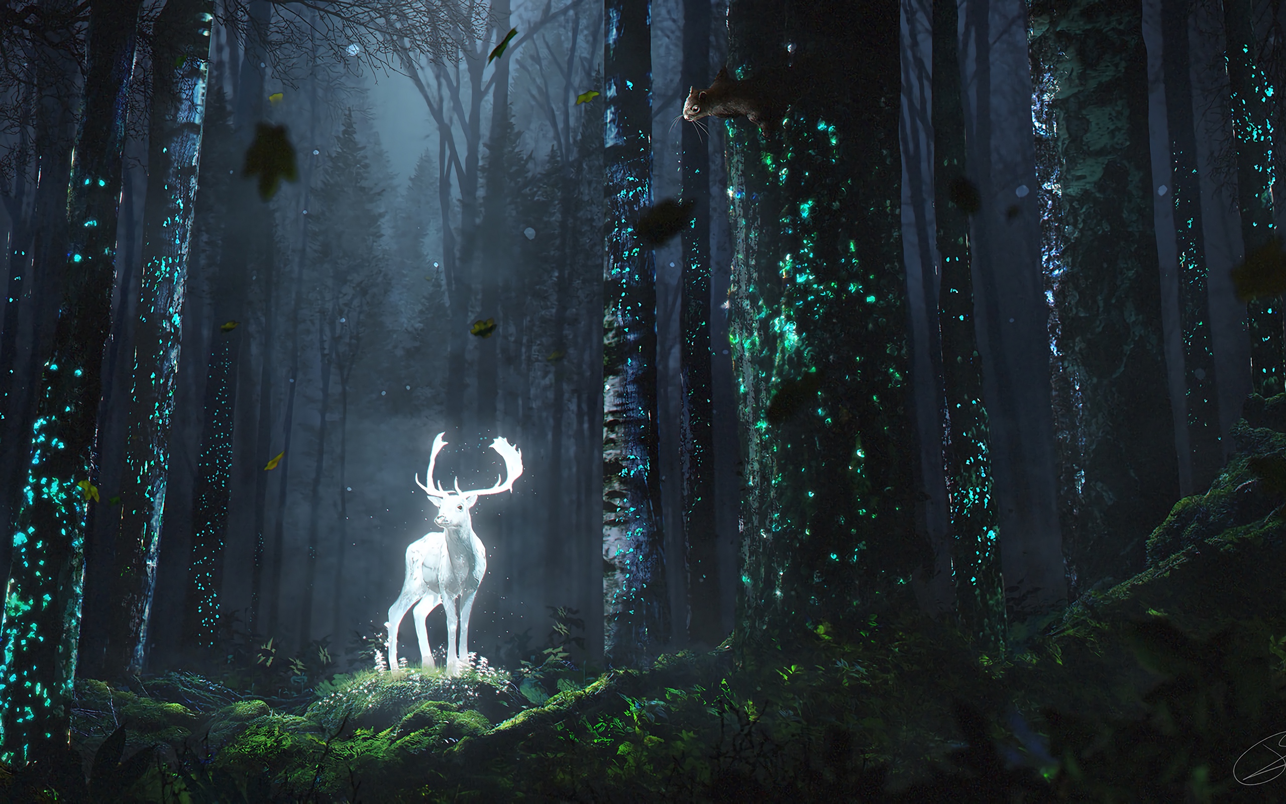 General 2560x1600 digital art forest chipmunk fantasy art deer