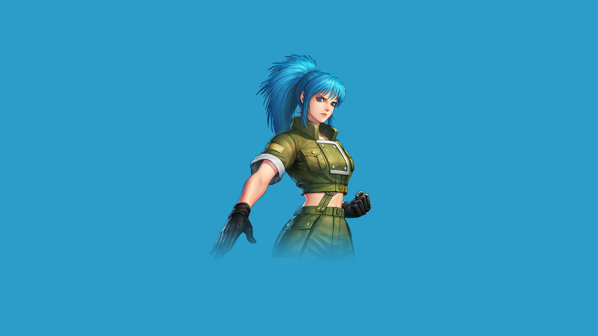 video game characters, blue hair, ponytail, looking at viewer, blue eyes,  belly, fist, Leona Heidern, King of Fighters, video games, video game  girls, green clothing, gloves, blue background, blue, simple background,  video