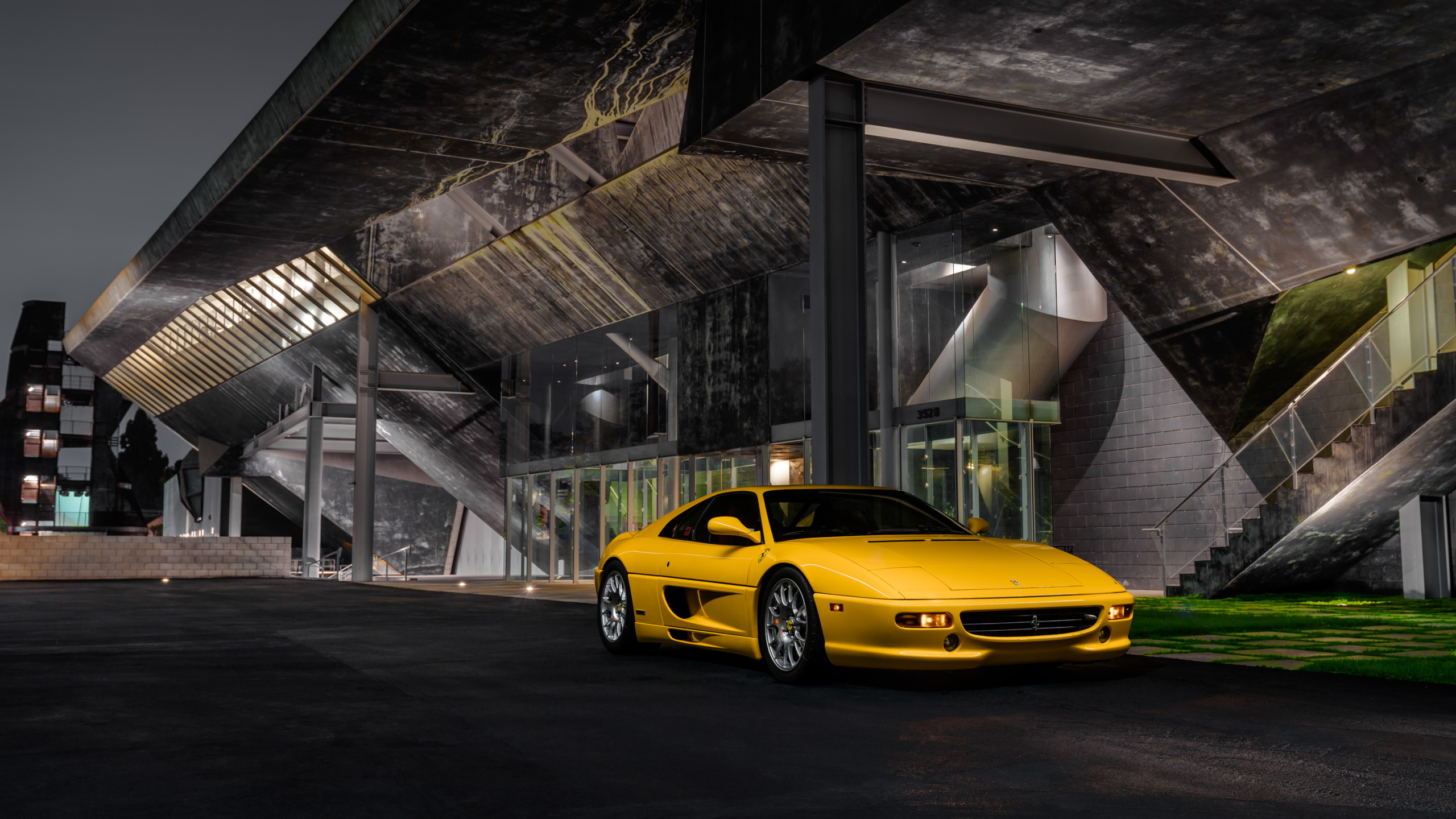 General 2560x1440 Ferrari F355 yellow cars italian cars night car Ferrari vehicle building Stellantis