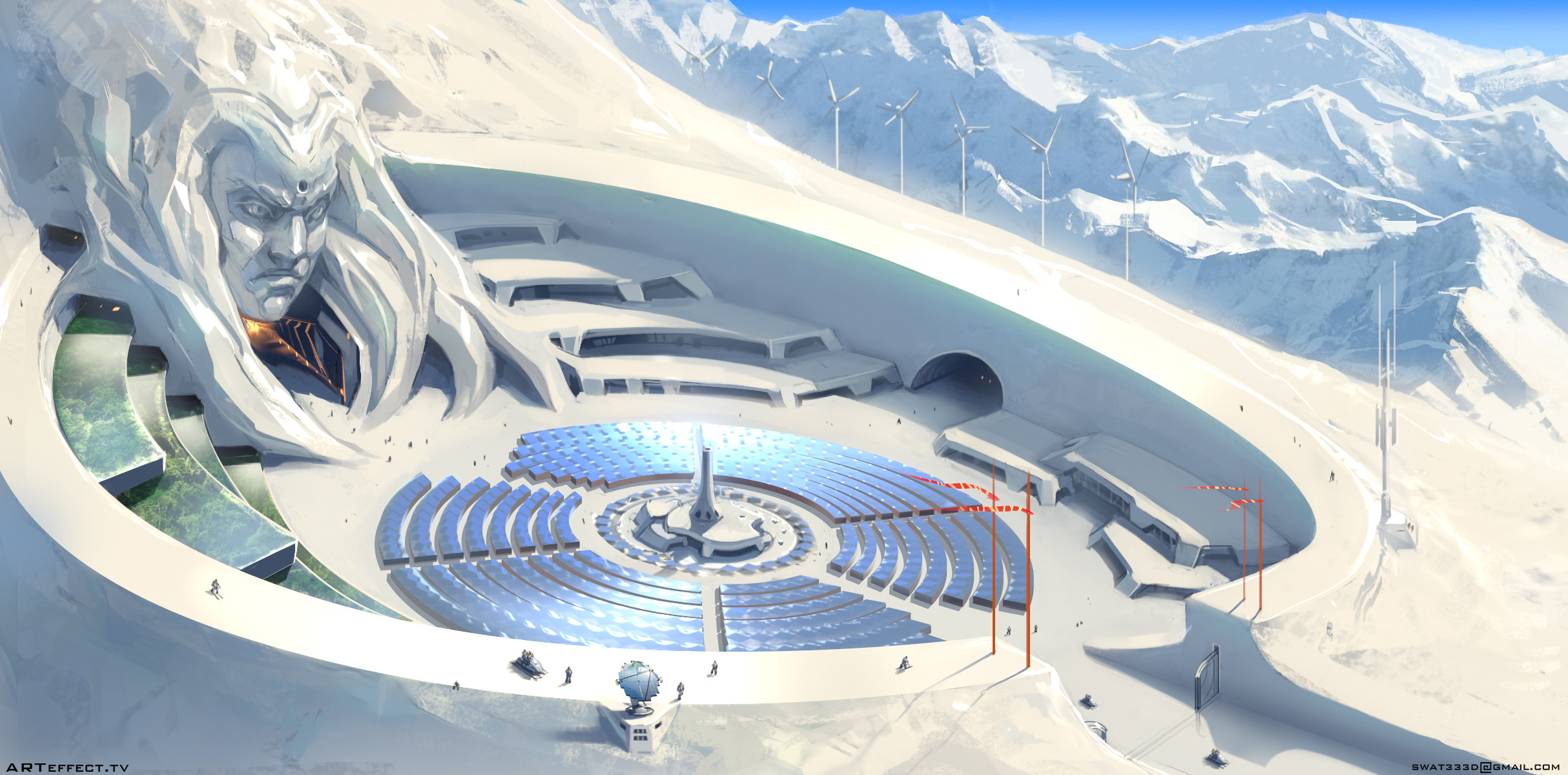 General 2428x1200 digital art snow mountains illustration landscape science fiction concept art solar panel windmill Ski