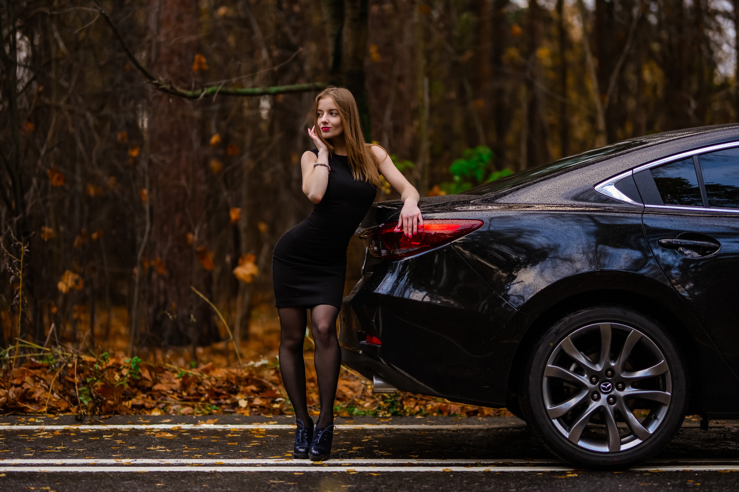 People 2560x1707 women model looking away dress black dress pantyhose high heels standing car black cars forest fall road outdoors women with cars red lipstick red nails depth of field women outdoors water drops Mazda 6 brunette Ilya Pistoletov