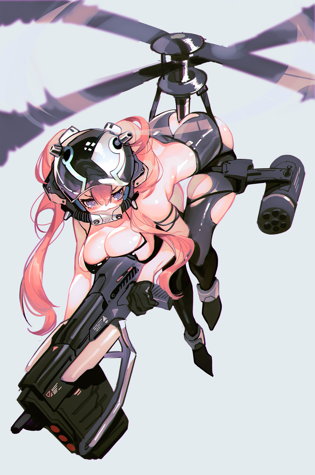Anime 1329x2000 anime anime girls simple background cleavage original characters mecha girls Grandialee weapon ass helicopters