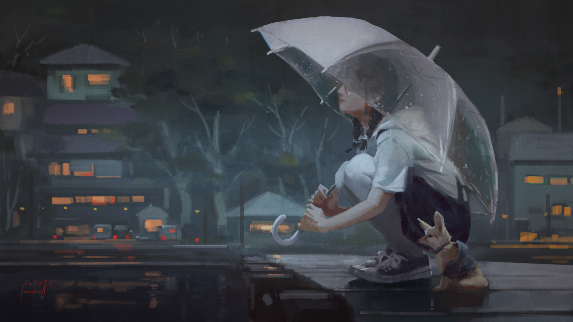 Anime 1920x1080 umbrella rain Asia