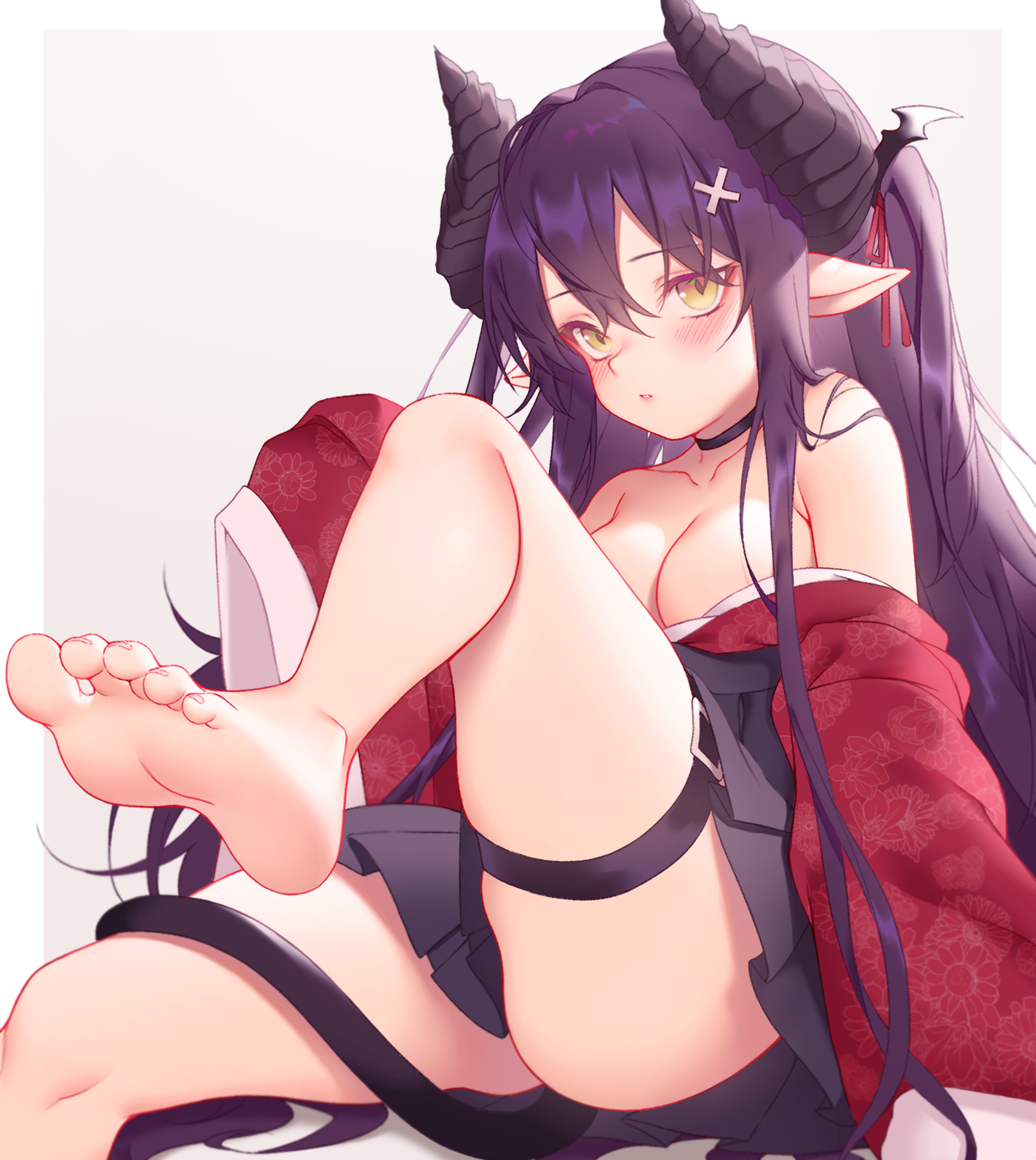 Anime 1969x2205 anime anime girls digital art artwork 2D portrait display Zhaofeng Yinyue Japanese clothes open clothes cleavage feet horns pointy ears purple hair