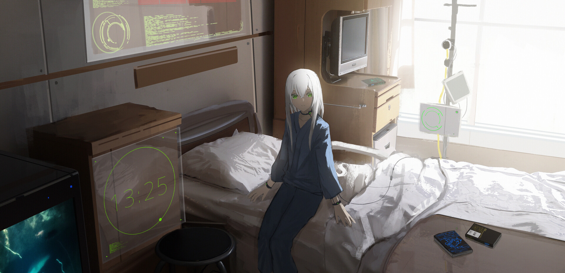 Anime 1920x927 Asteroid (artist) digital art women hospital clocks science fiction monitor bed silver hair green eyes books