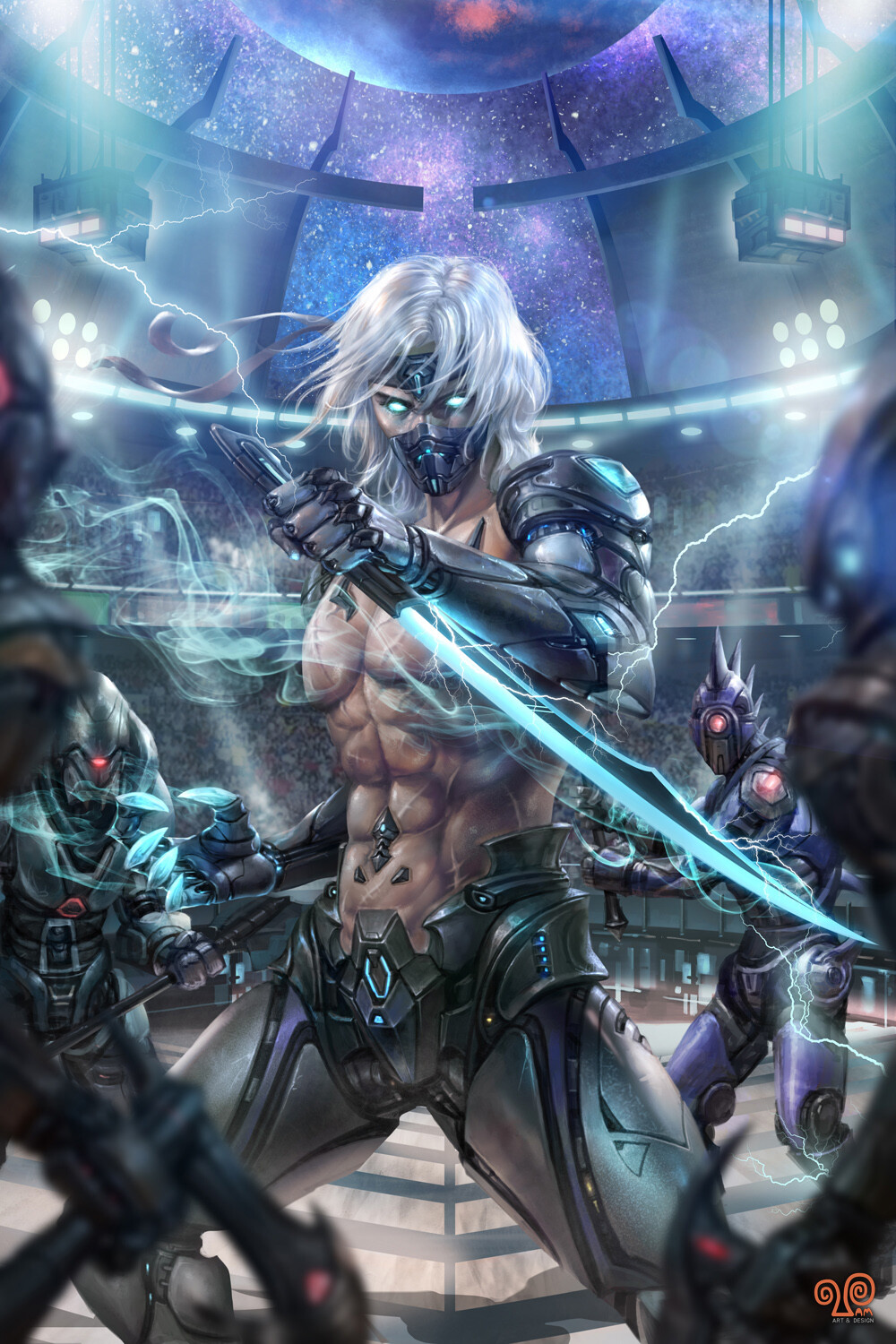 General 1000x1500 Mansik Yang drawing men cyborg prosthesis silver hair short hair blue eyes glowing eyes weapon sword fighting arena mask cyberpunk