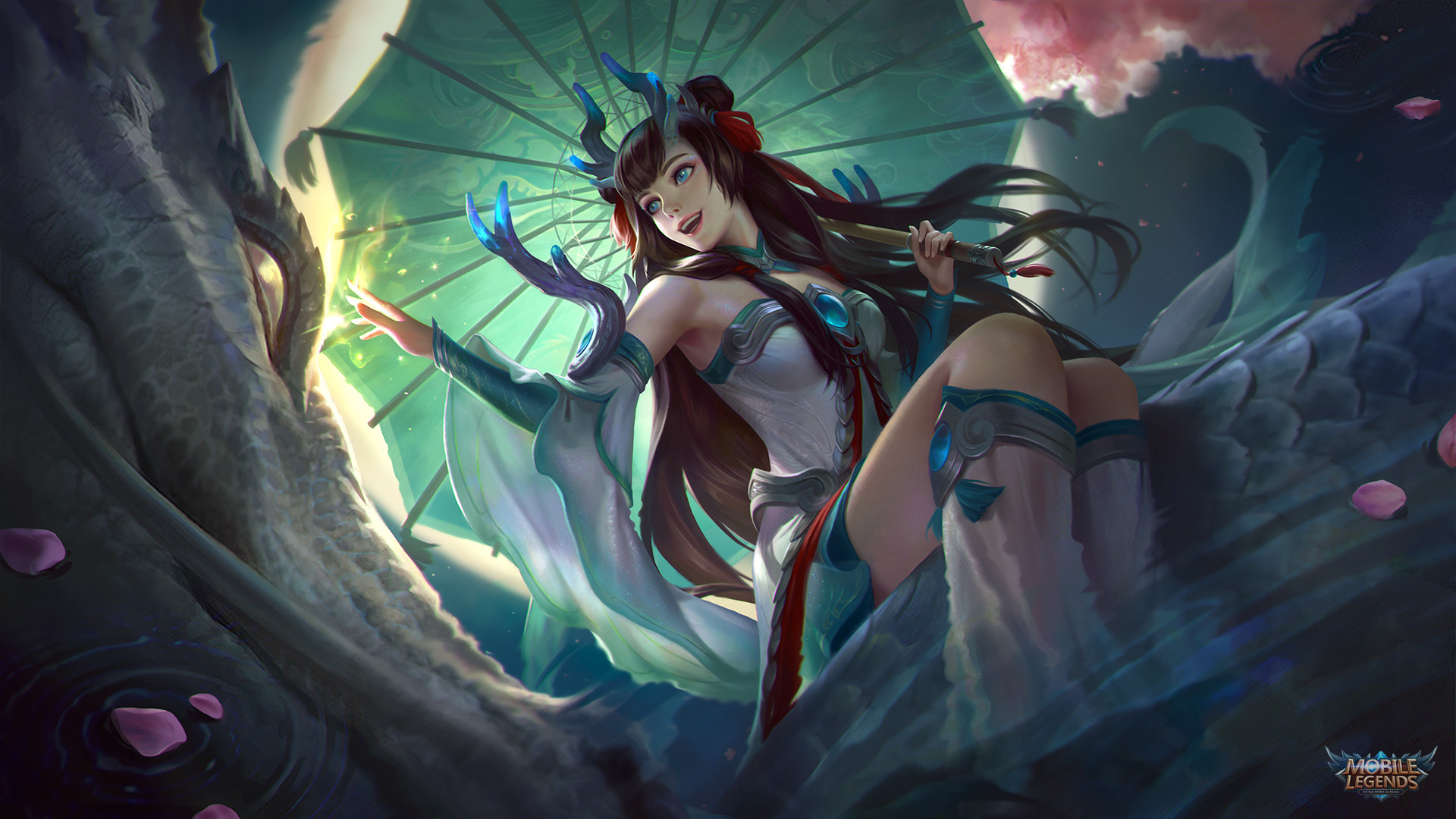 General 1920x1080 Soryu Maiden dragon umbrella blue eyes video game characters Chinese dragon petals water Mobile Legends video games smiling open mouth sitting video game art brunette looking away bent legs video game girls title creature