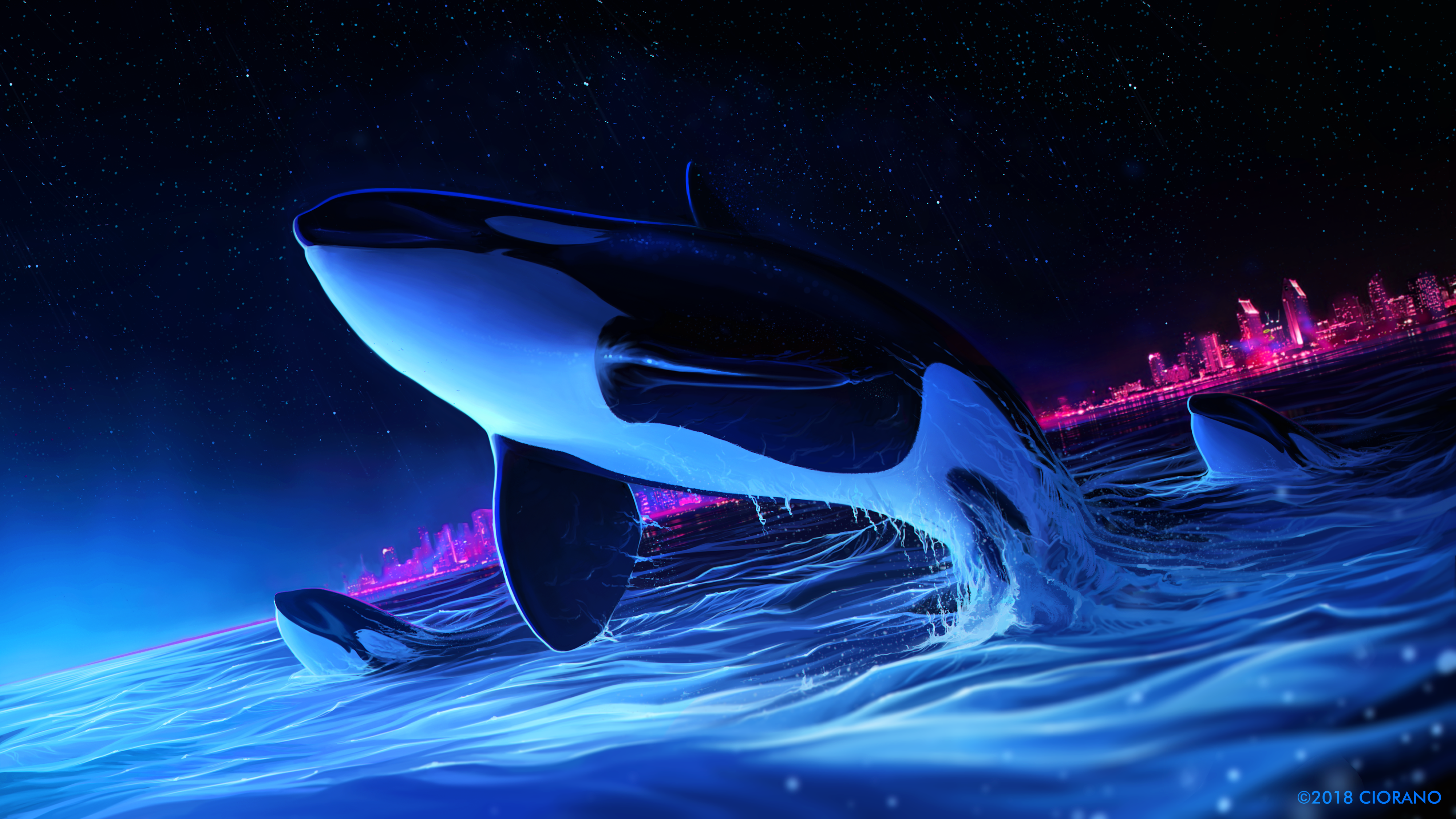 General 4000x2250 digital art artwork illustration drawing digital painting animals whale orca night sky night sky skyscape landscape nature stars starry night starred sky water sea lights fantasy art city cityscape city lights architecture building dolphin blue pink