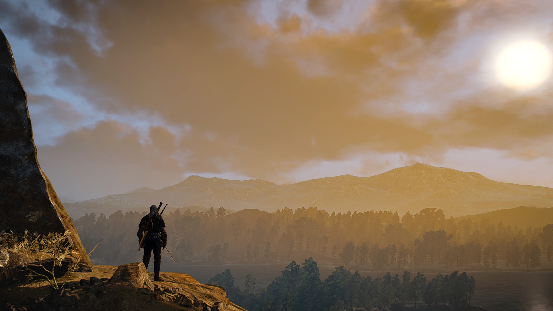 General 1920x1080 The Witcher 3: Wild Hunt landscape Geralt of Rivia sunset mountains CD Projekt RED digital art video games