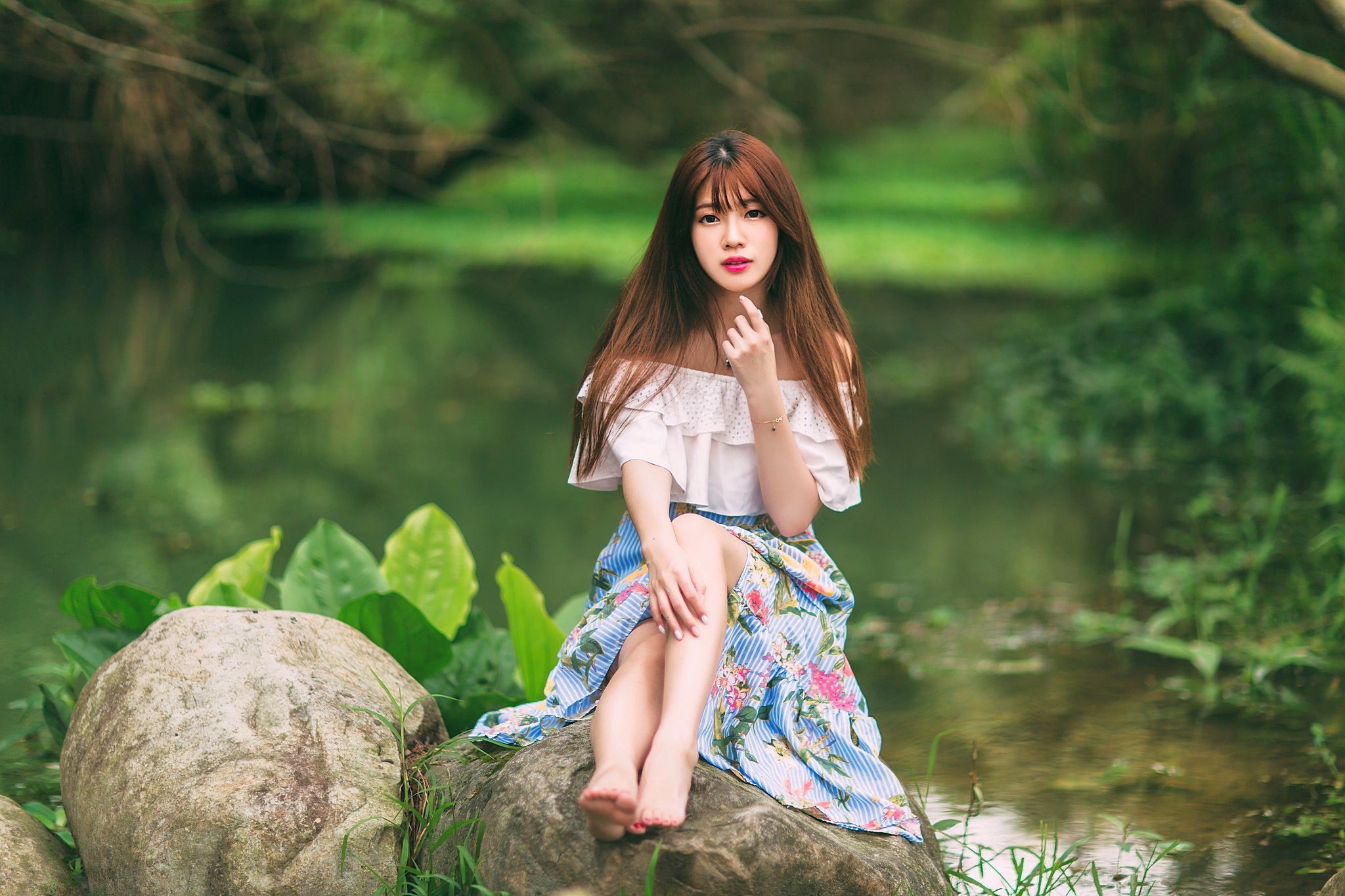 People 2048x1365 Asian women model brunette barefoot sitting stones depth of field