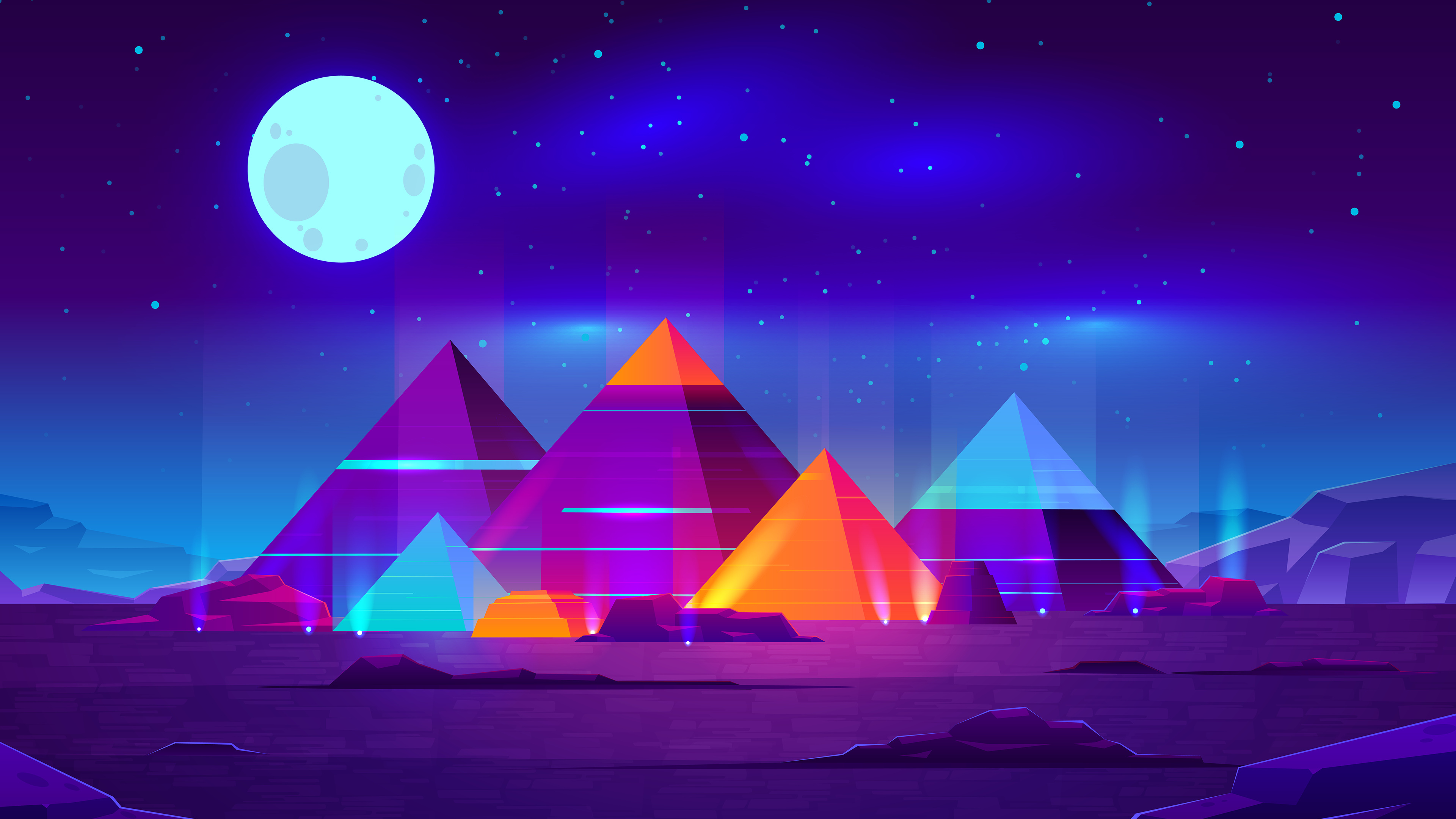 General 3840x2160 Moon neon digital art stars planet night starry night CGI cyan blue pyramid