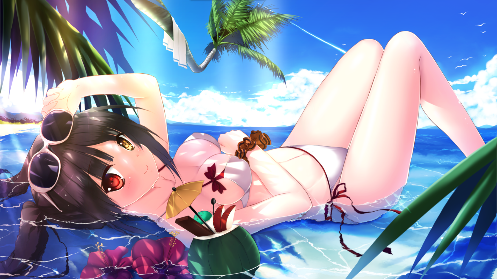 Anime 1920x1080 anime anime girls bikini sunglasses brunette water outdoors boobs Tokisaki Kurumi heterochromia Date A Live