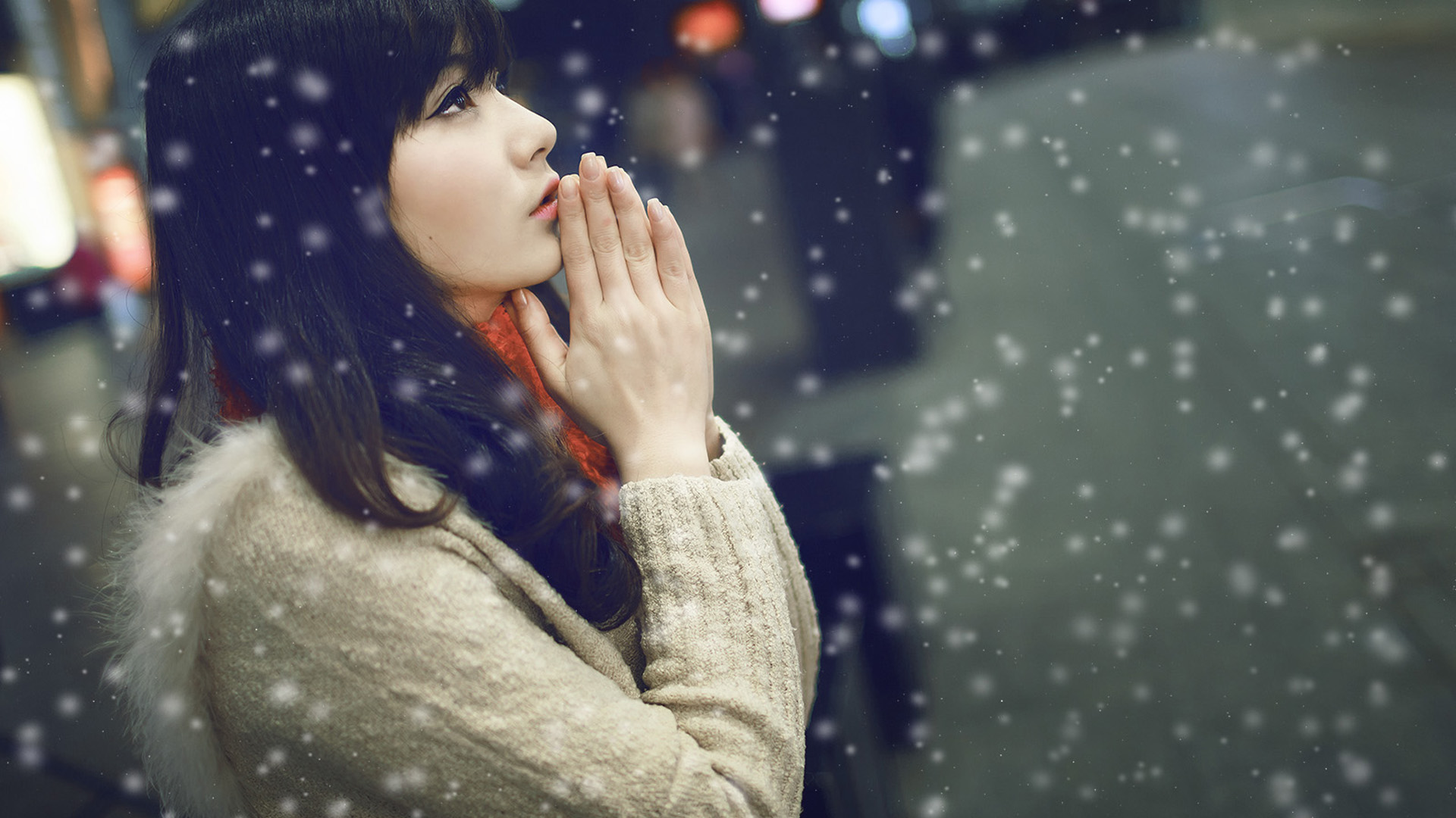 People 1920x1080 Asian photography women profile brunette long hair praying white sweater