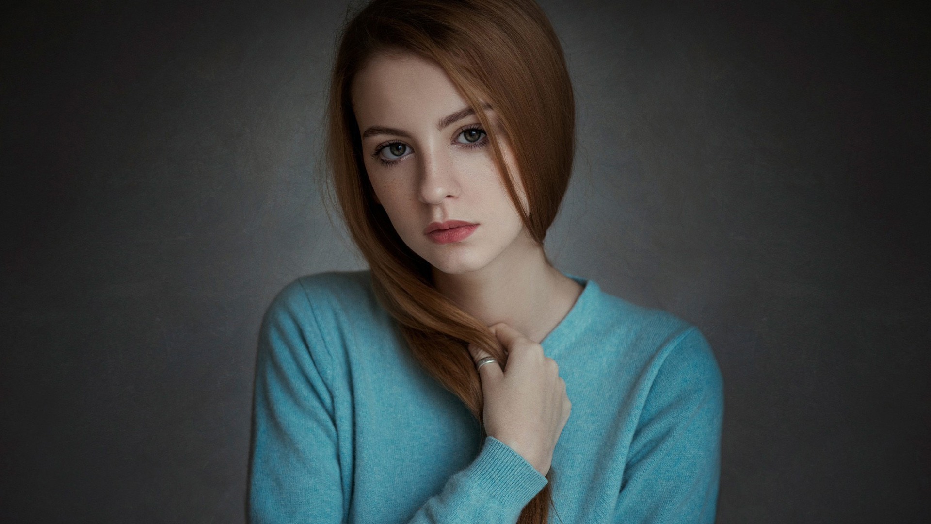 People 1920x1080 women model photography long hair brunette blue eyes freckles looking at viewer portrait blue sweater