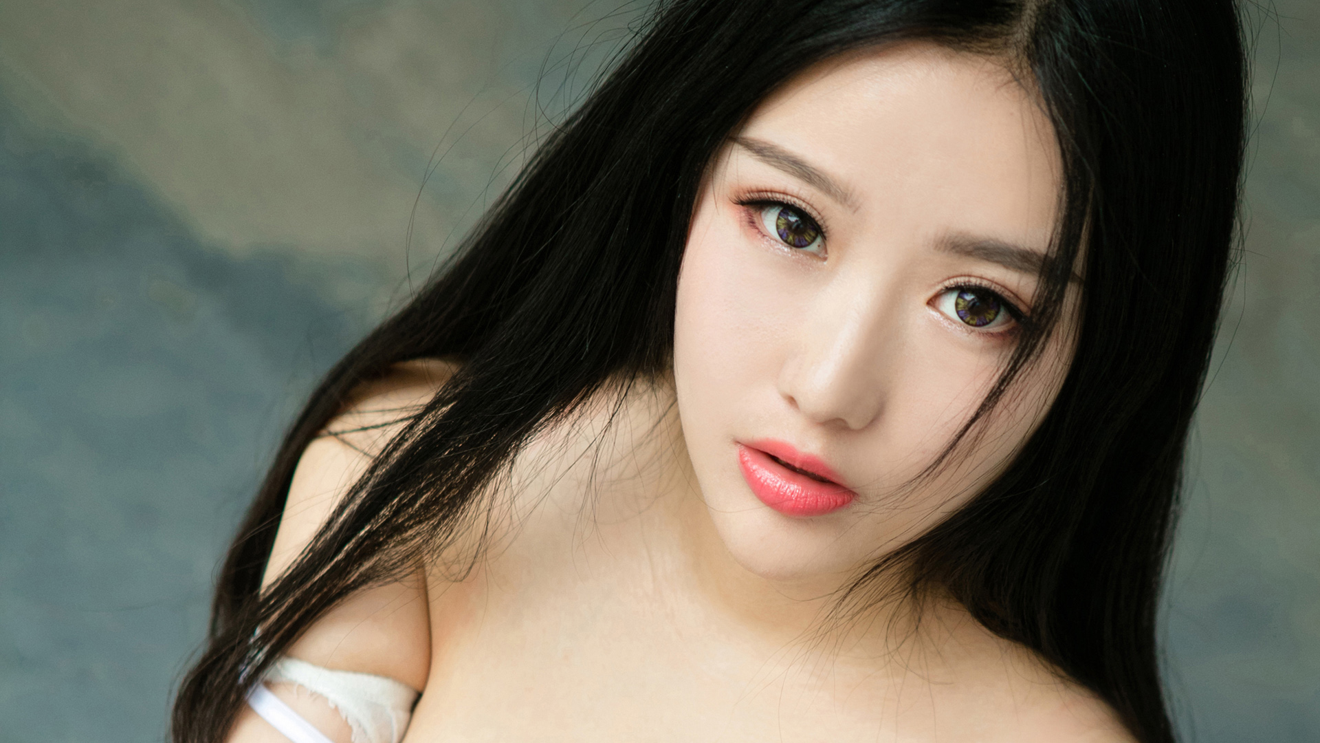People 1920x1080 women photography model Asian face portrait pink lipstick black hair long hair parted lips closeup looking at viewer lipstick
