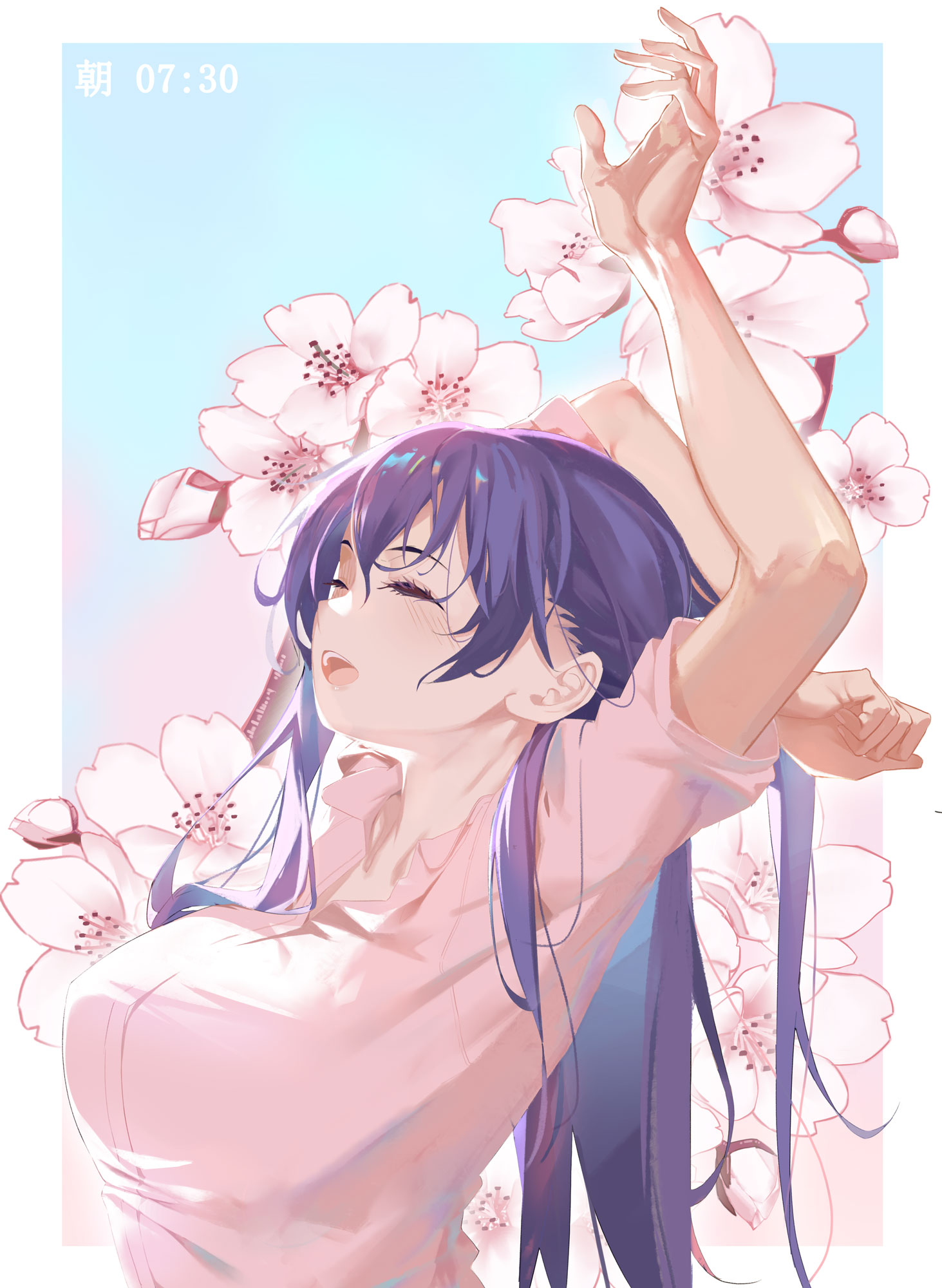 Anime 1463x2000 Fate series Fate/Stay Night fate/stay night: heaven's feel anime girls big boobs long hair purple hair open mouth pink roses stretching Matou Sakura 2D portrait display arms up closed eyes underboob curvy fan art pink shirt anime