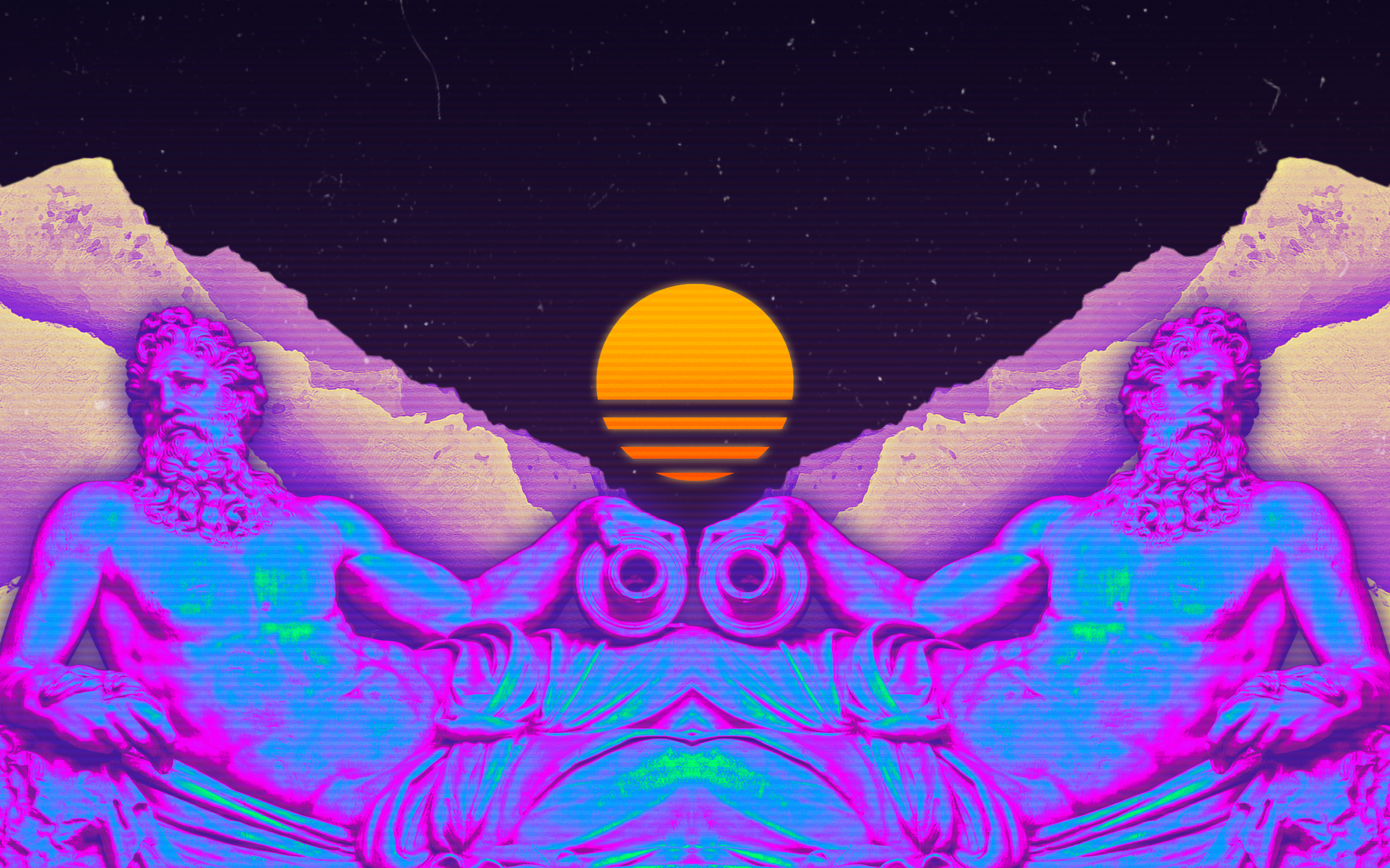 General 2880x1800 digital art artwork illustration vaporwave synthwave retrowave Sun purple pink mountains