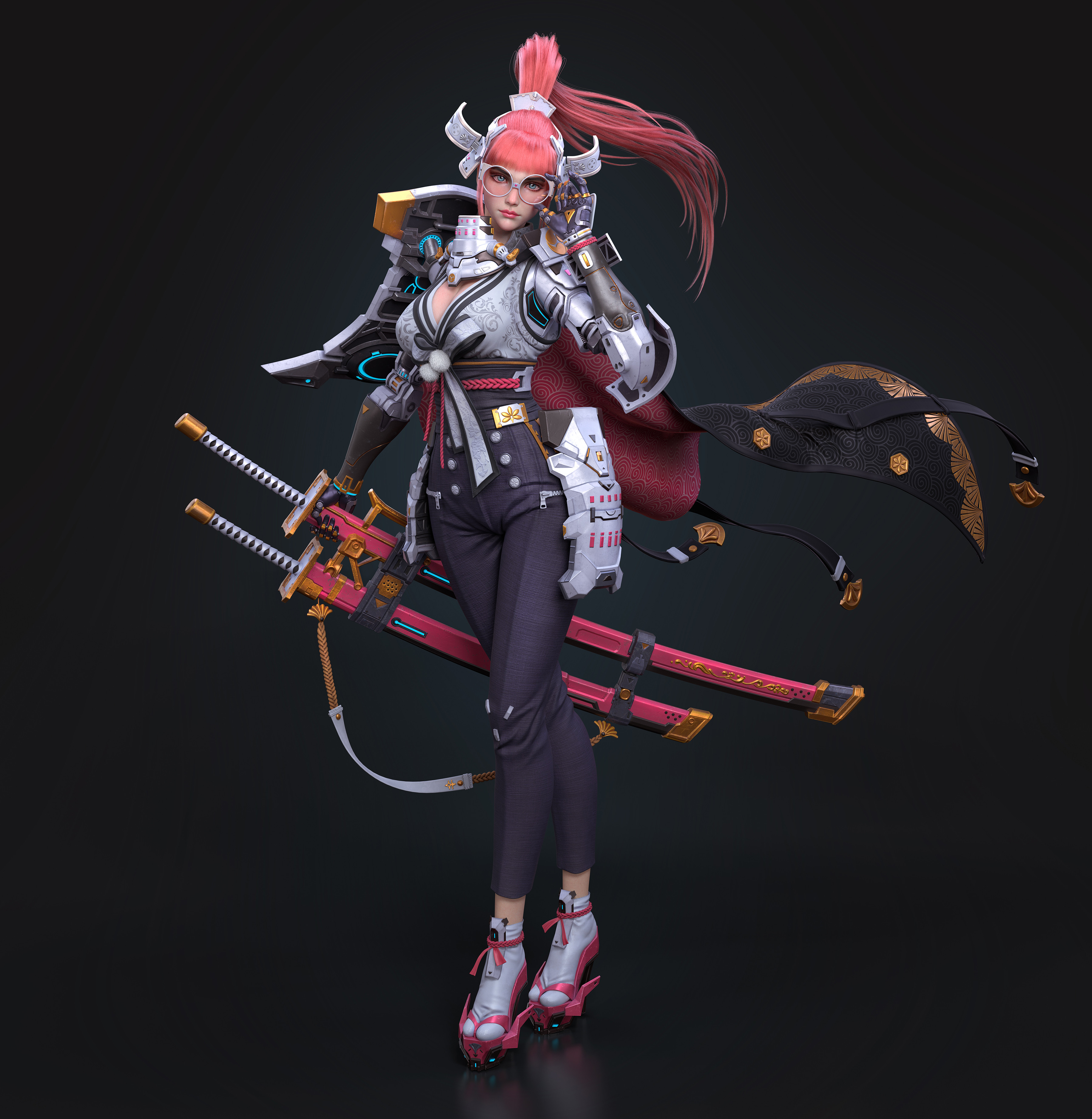General 3600x3691 Cifangyi CGI women pink hair long hair ponytail weapon katana bodysuit cape wind pink glasses armor blue eyes
