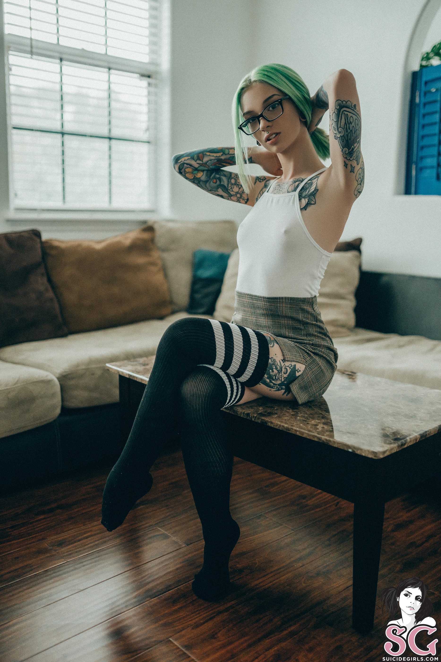 People 1867x2800 Klen Suicide dyed hair inked girls Suicide Girls model women indoors tattoo portrait display women white tops skirt sitting stockings armpits women with glasses nipples through clothing high waisted tiptoe