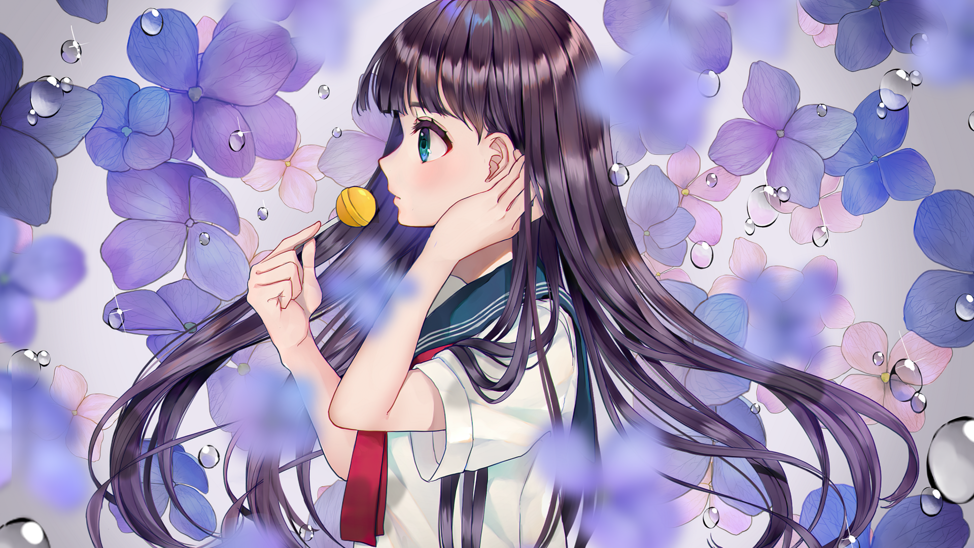 Anime 1920x1080 anime anime girls looking away school uniform lollipop long hair dark hair artwork MochiHonpo