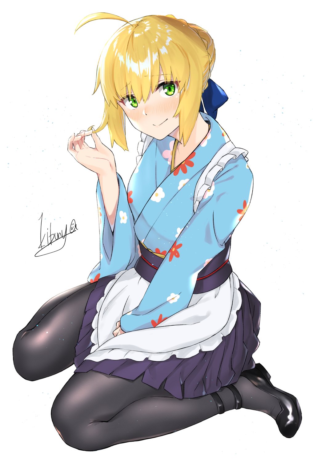 Anime 1017x1503 Fate series Fate/Stay Night anime girls blushing embarrassed small boobs pantyhose thighs ahoge touching hair smiling high angle kimono maid outfit Saber simple background 2D green eyes looking at viewer portrait display fan art anime blonde kneeling Artoria Pendragon