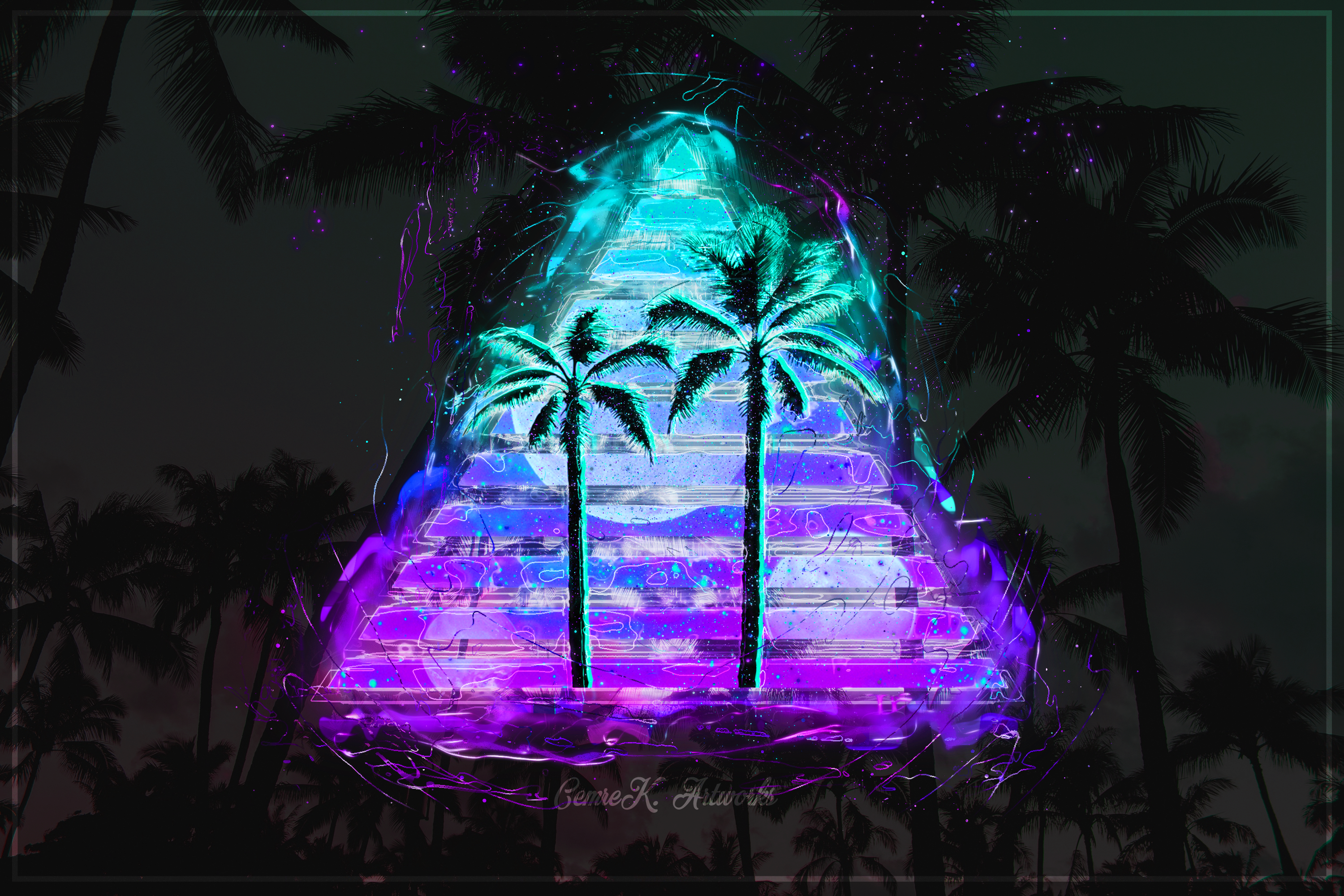 General 3000x2000 artwork vaporwave palm trees abstract purple cyan