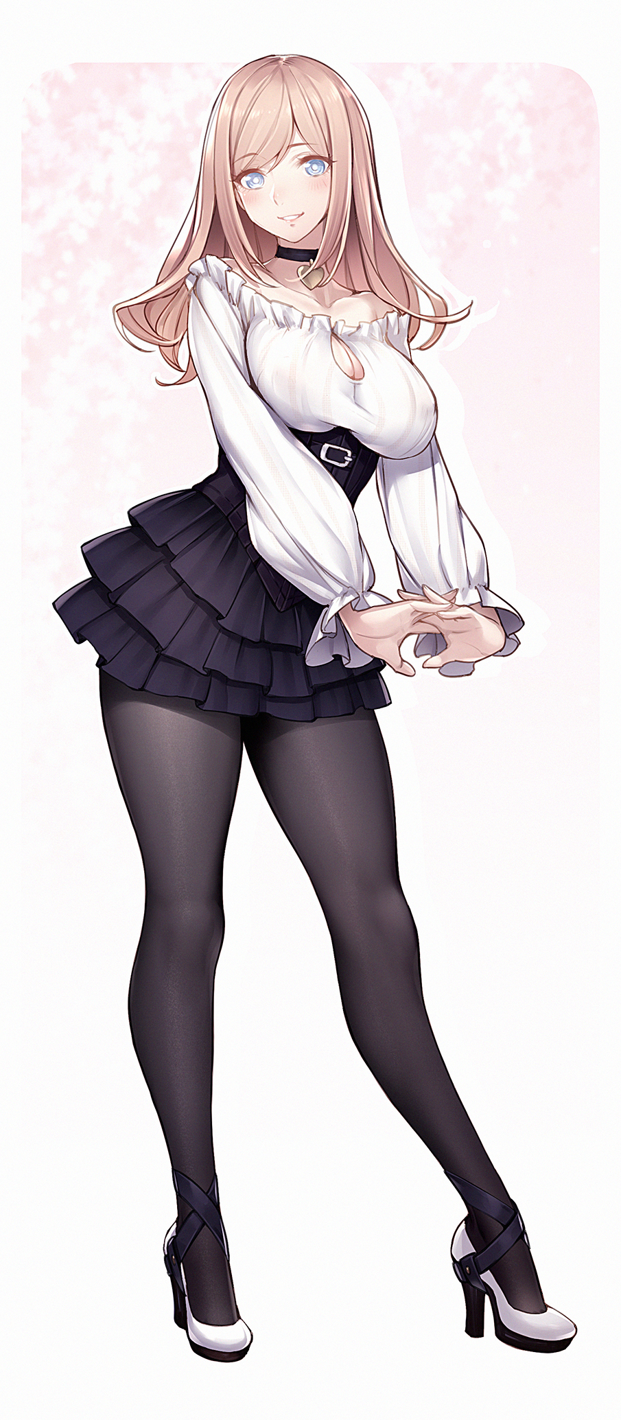 Anime 905x2069 anime girls simple background skirt blue eyes big boobs legs anime boob pockets miniskirt blonde
