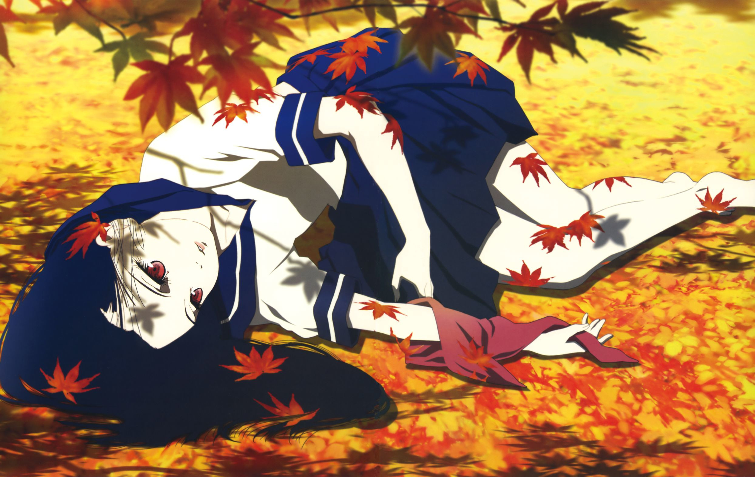 Anime 2488x1572 Jigoku Shoujo Enma Ai leaves fall blue hair lying down anime girls anime red eyes