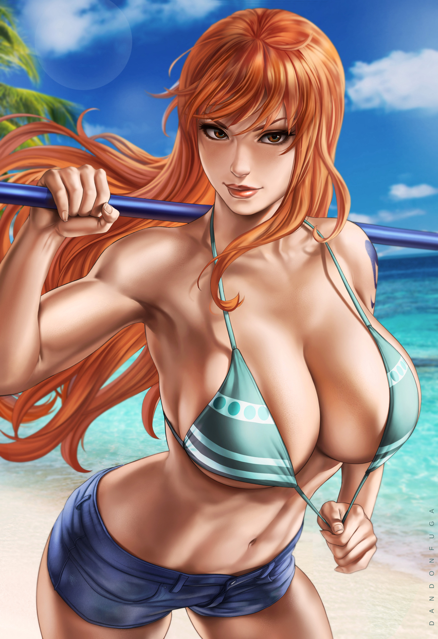 Dandonfuga Women Redhead Long Hair Bangs Drawing One Piece Nami Swimwear Bikini Top
