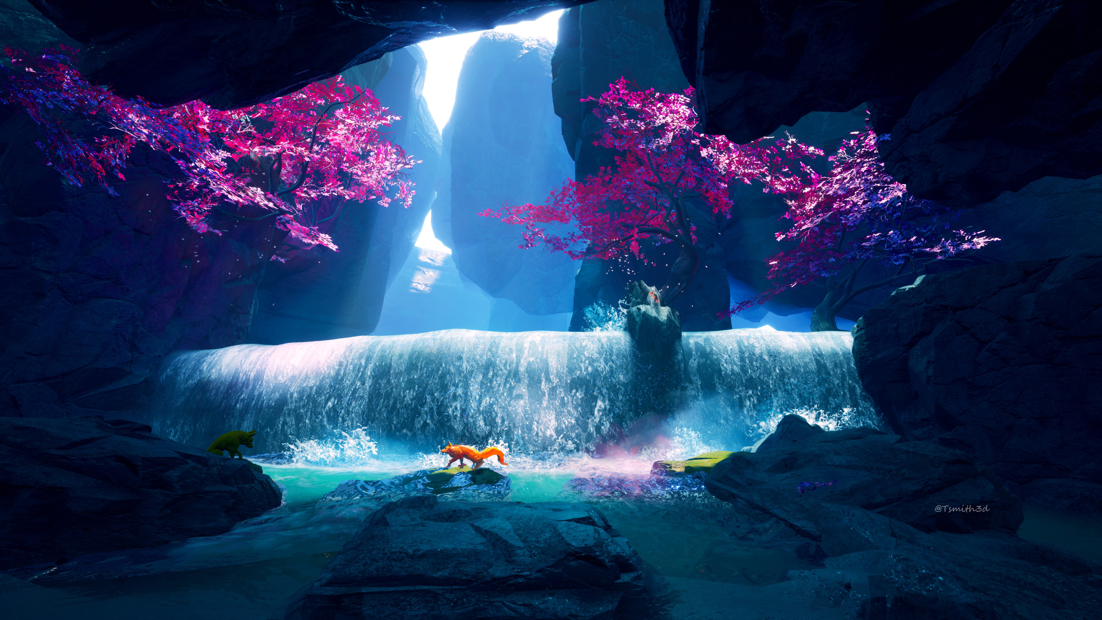 General 3840x2160 waterfall fox water trees splashes cave fantasy art Tyler Smith