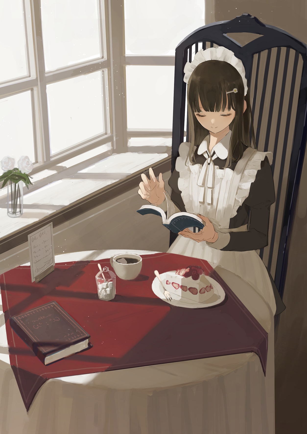 Anime 1254x1771 anime anime girls digital art artwork 2D portrait display Shii maid outfit maid cake reading